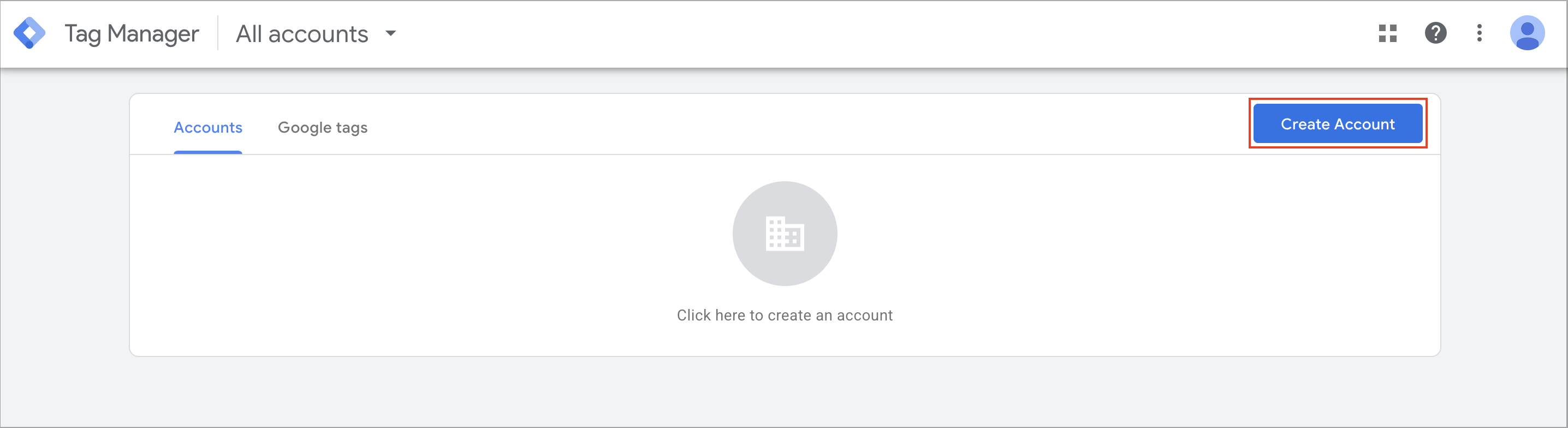 Google Tag Manager accounts page with the Create Account button