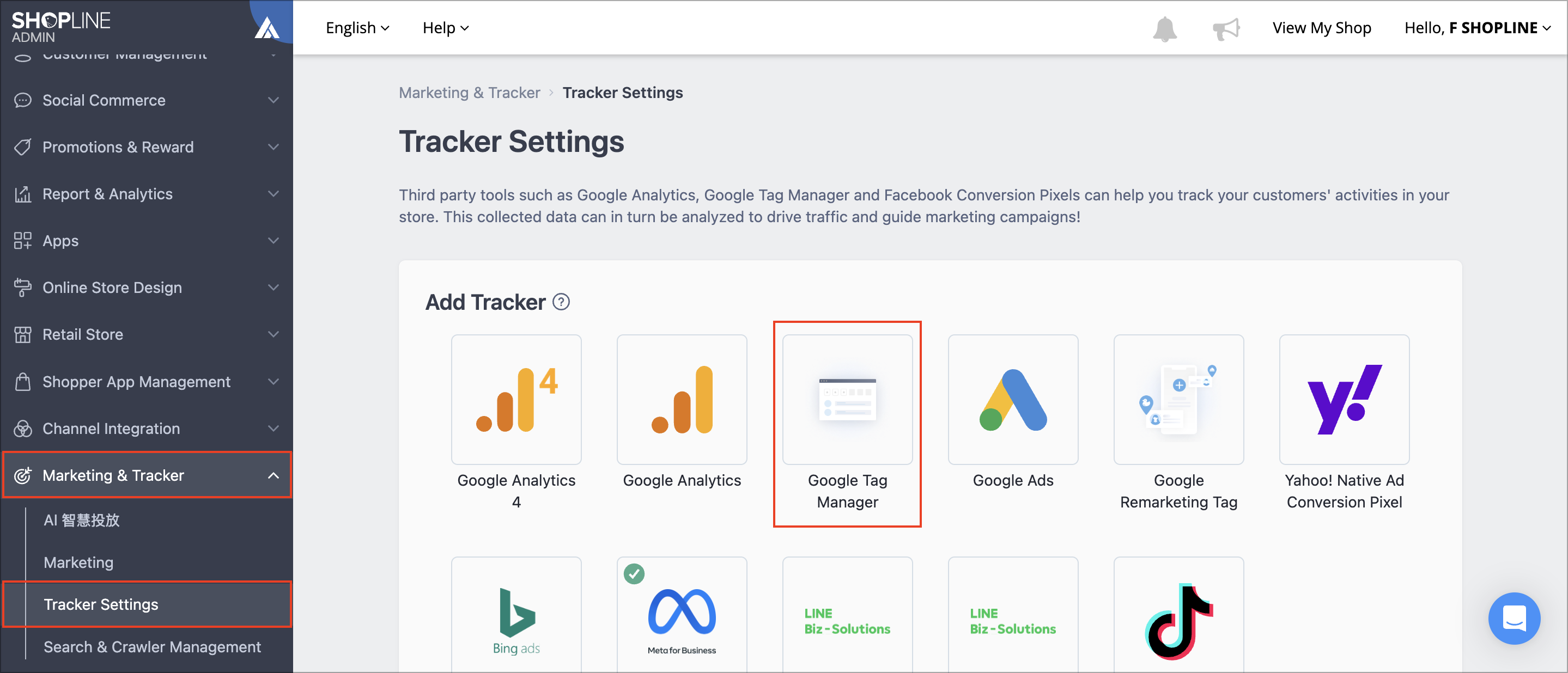 SHOPLINE Admin Tracker Settings page showing the Google Tag Manager entry
