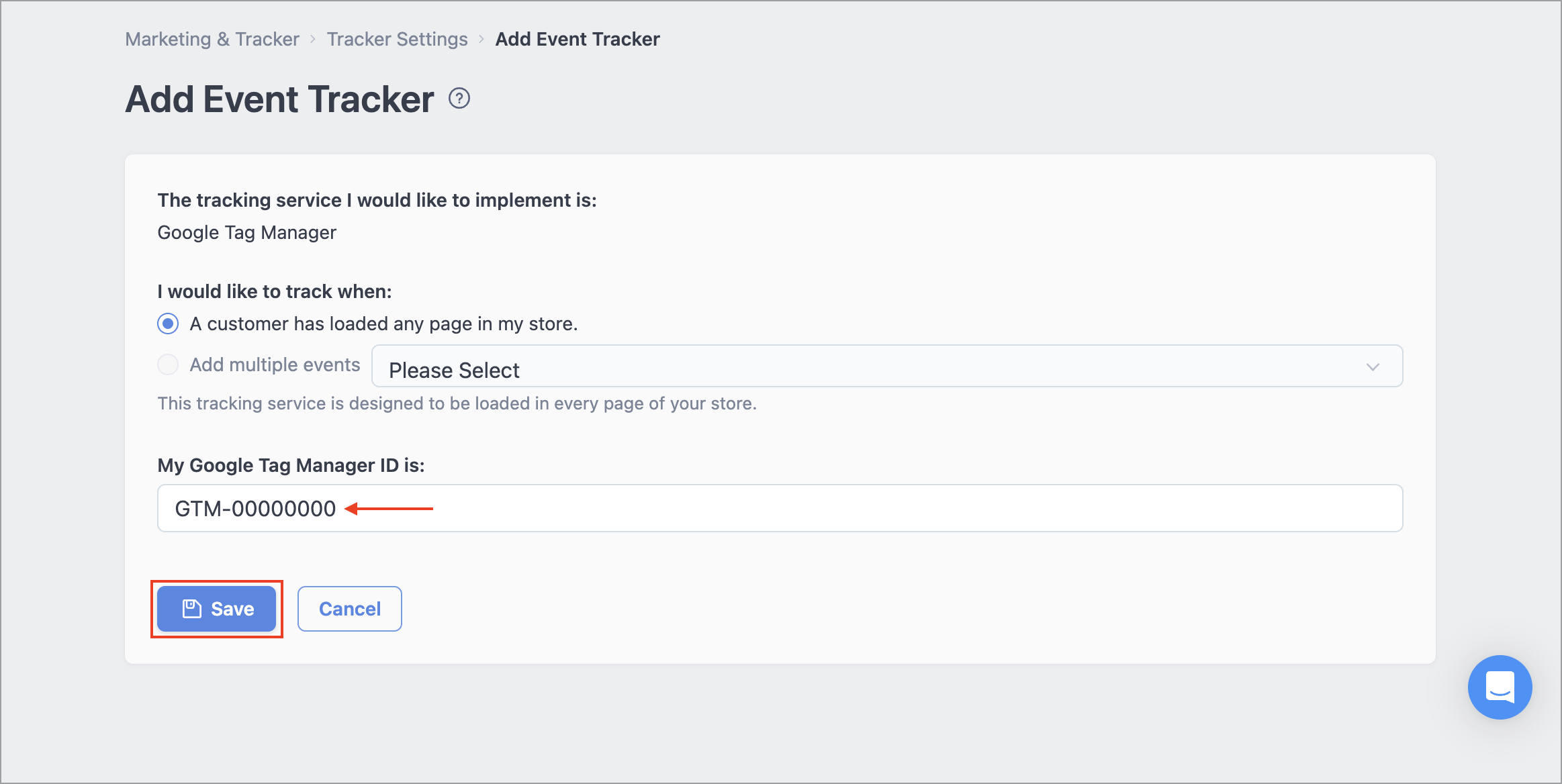 GTM ID field in the SHOPLINE Admin with the Add button
