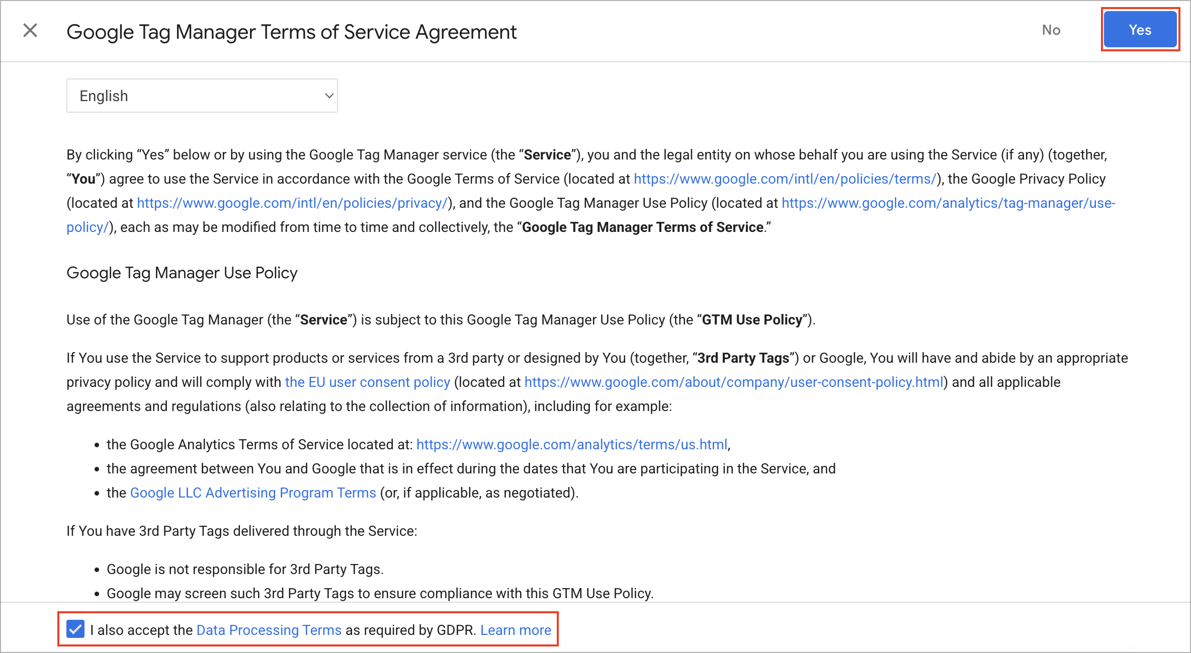 Google Tag Manager Terms of Service screen with the GDPR data processing terms checkbox and the Yes button