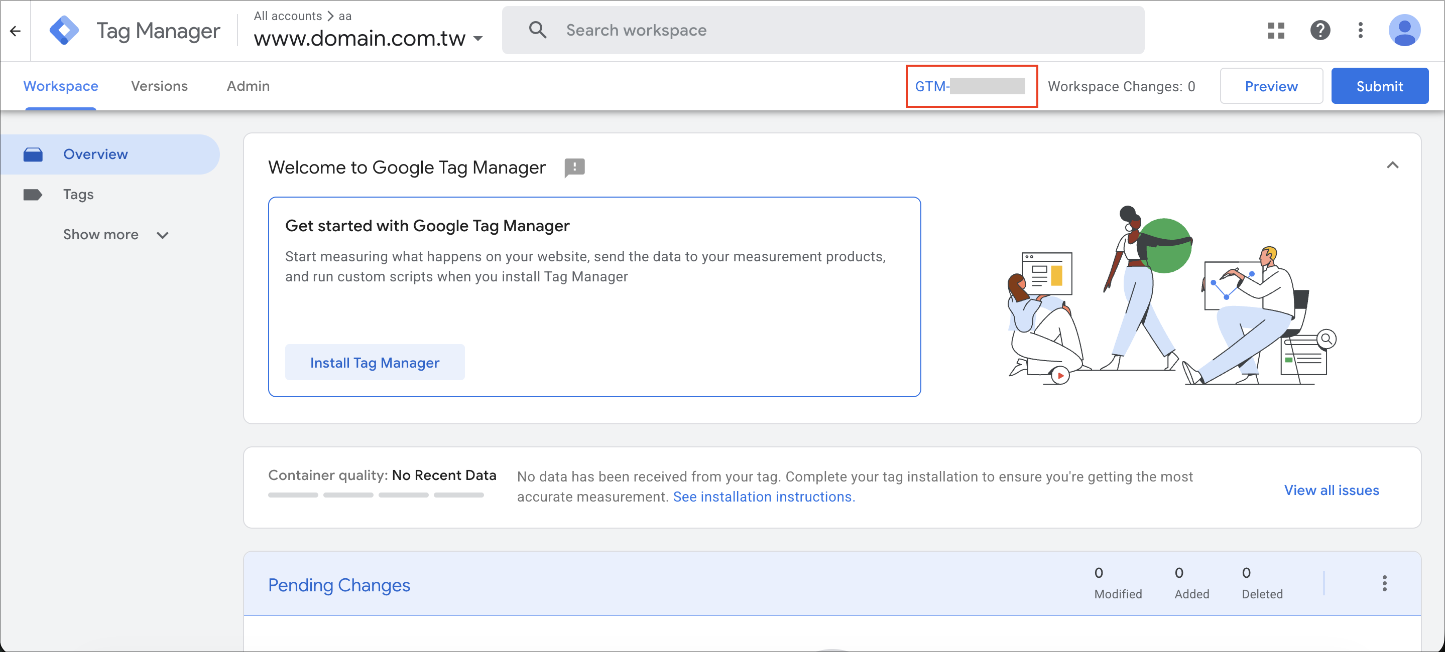 Tag Manager workspace showing the GTM-XXXXX container ID