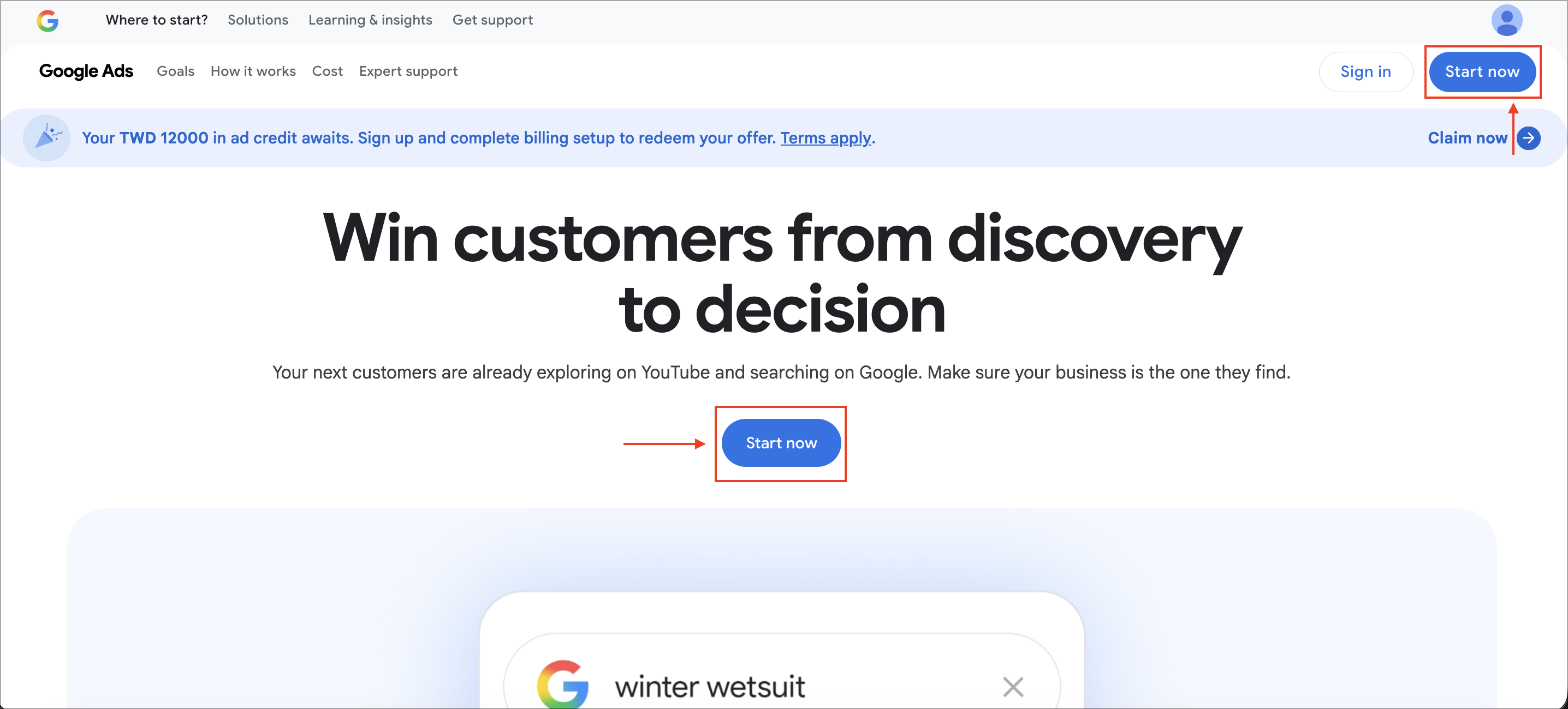 Google Ads account setup page with the Start now button