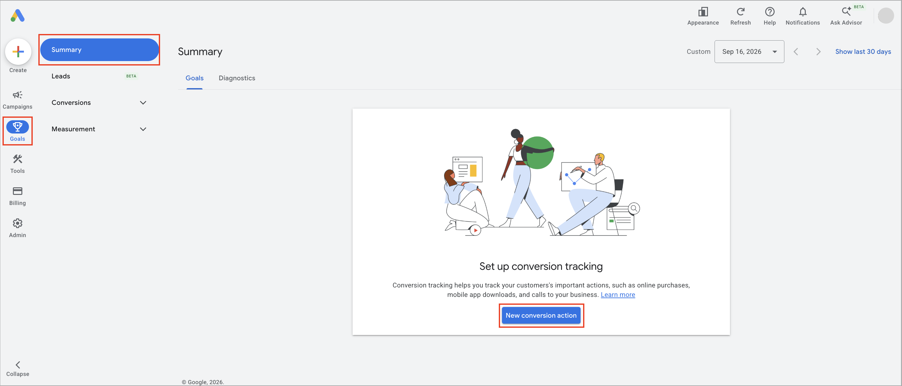 Google Ads conversion action setup page