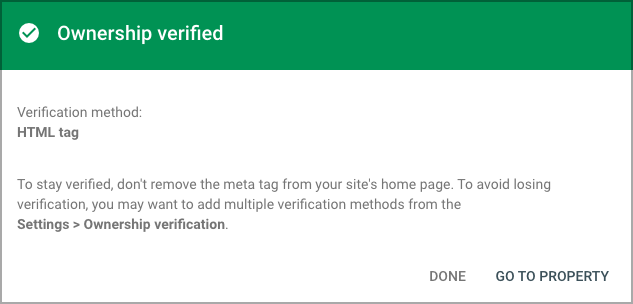 Google Search Console confirmation message showing that ownership was verified