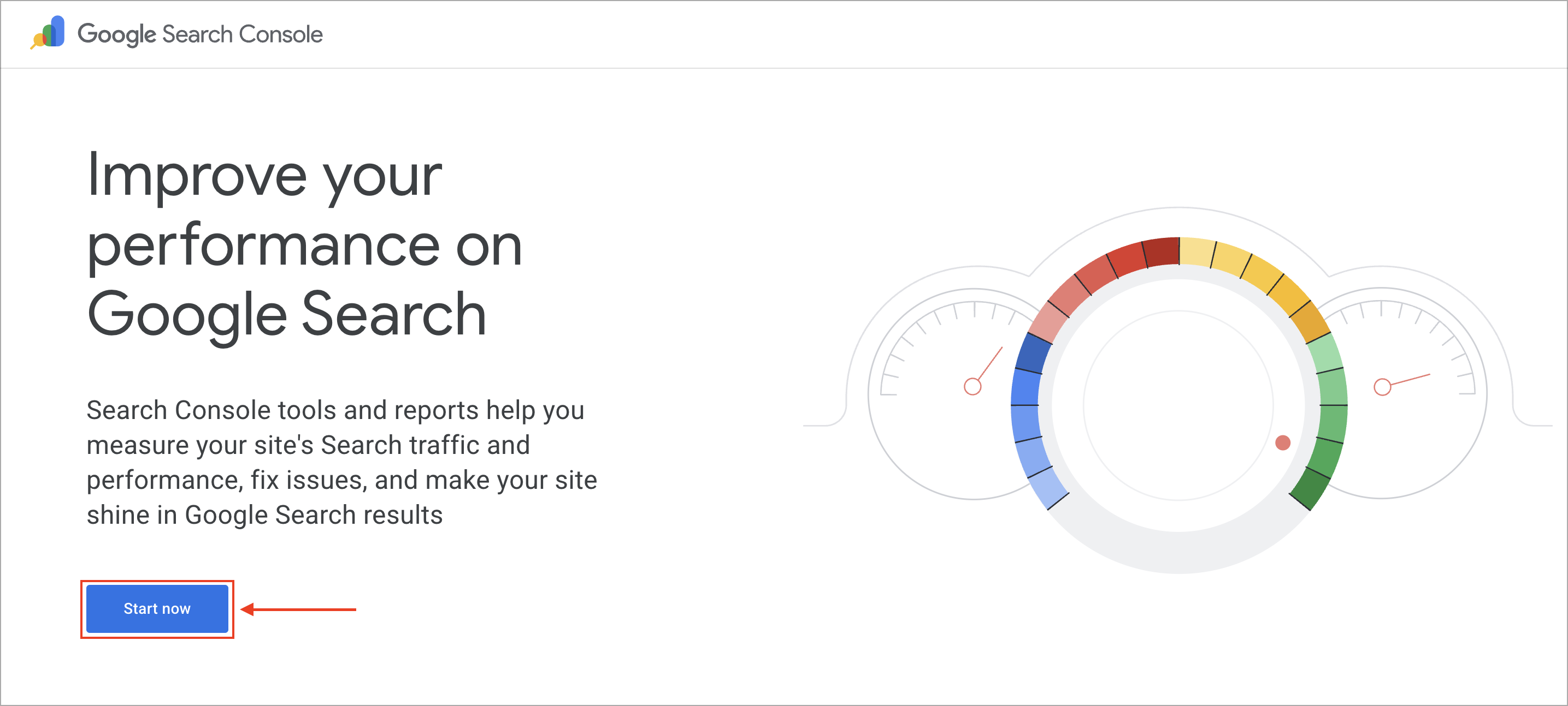 Google Search Console landing page with the Start now button