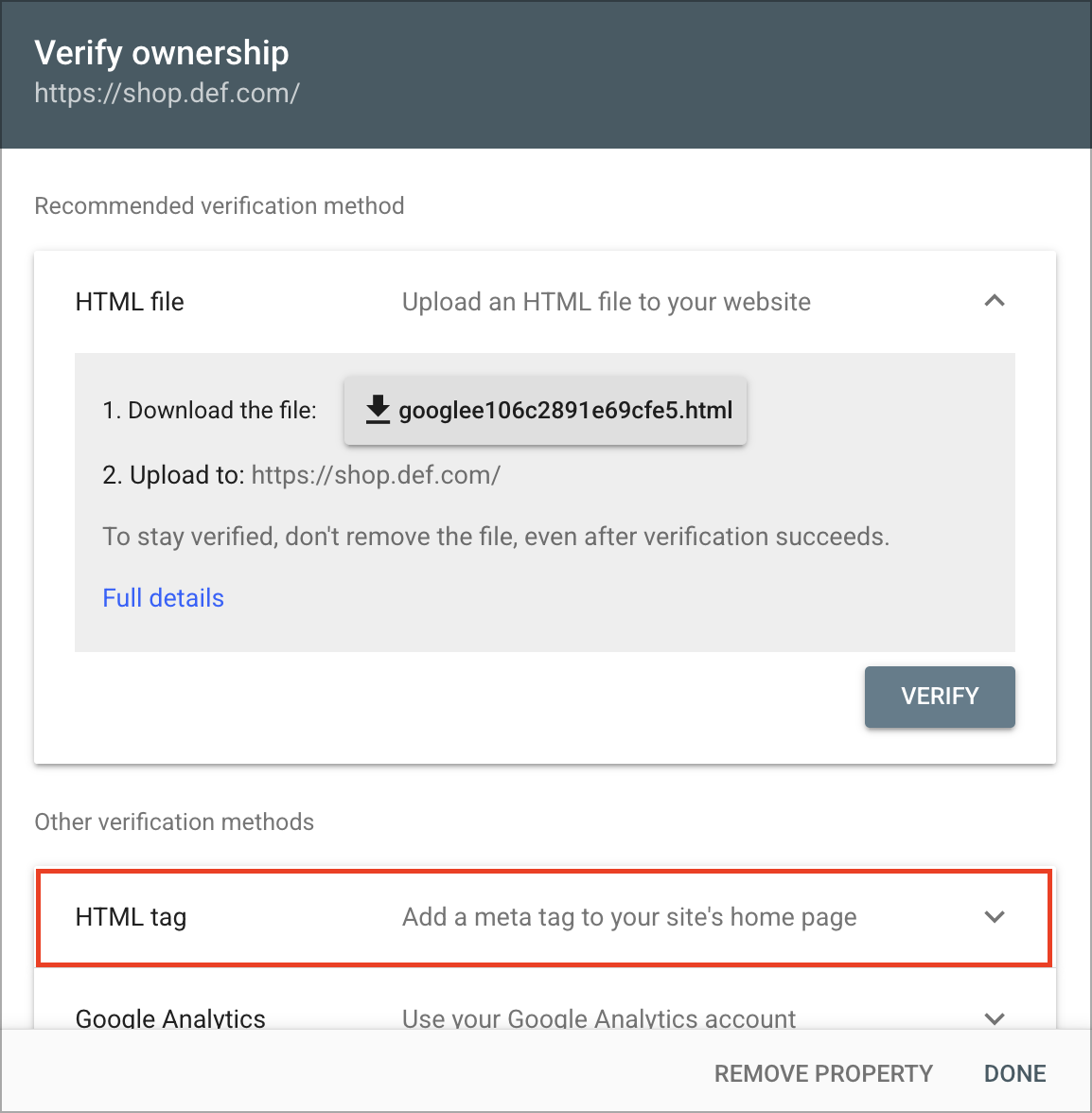Ownership verification window with the HTML tag option under Other verification methods