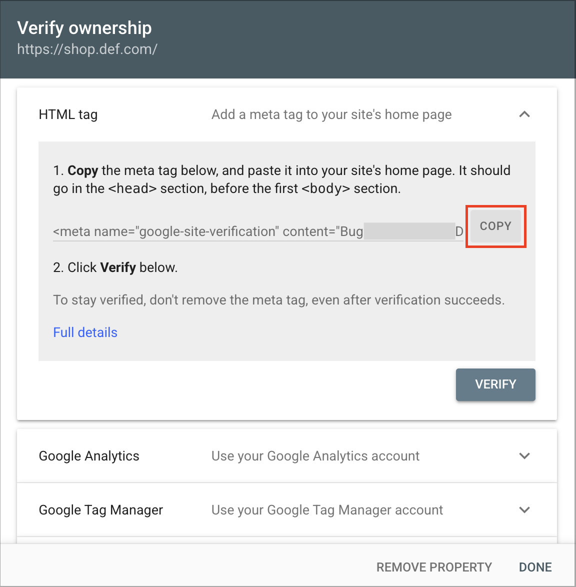 HTML tag verification window showing the meta tag and the Copy button