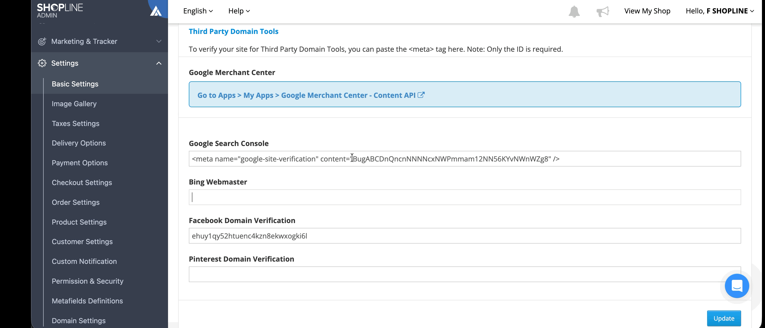 SHOPLINE Admin Third Party Domain Tools section with the tag pasted into the Google Search Console field