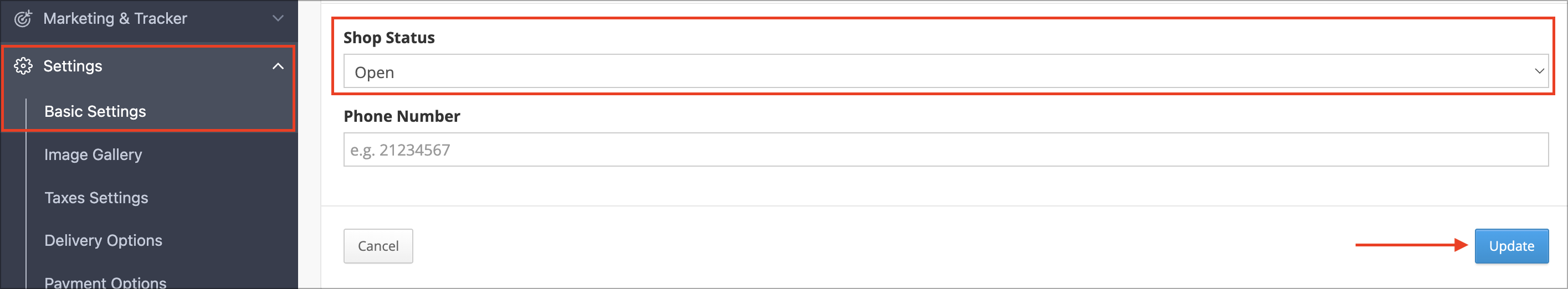 Shop Status drop-down menu in the SHOPLINE Admin set to Open