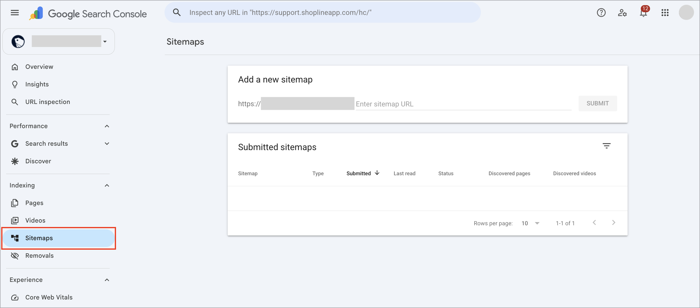 Google Search Console left menu with the Sitemaps entry selected