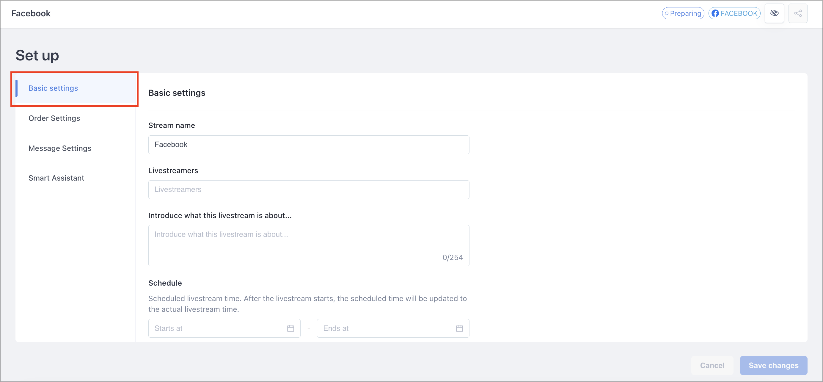 Basic Settings tab showing the livestream name, host, description, and schedule fields
