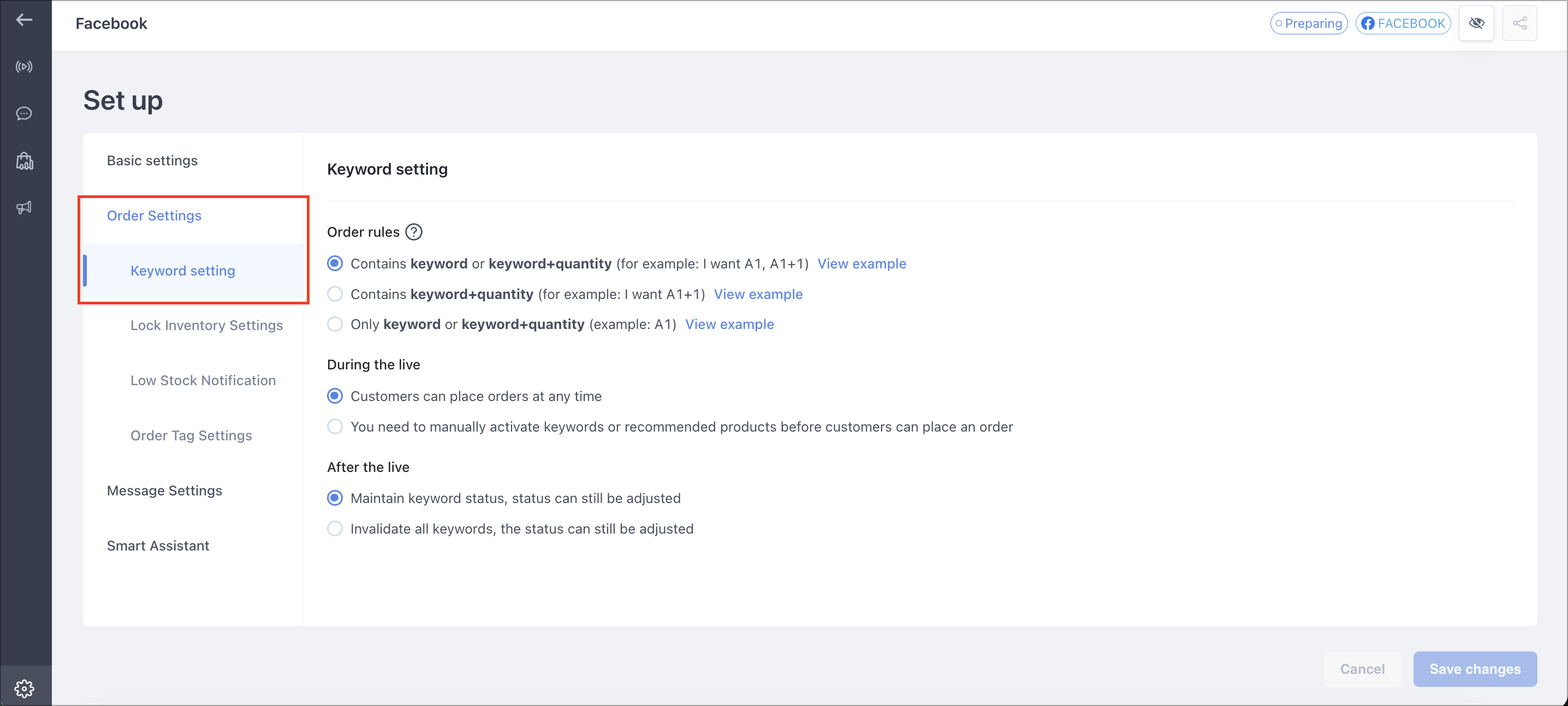 Keyword Order Settings section showing the four order rules and the keyword status options