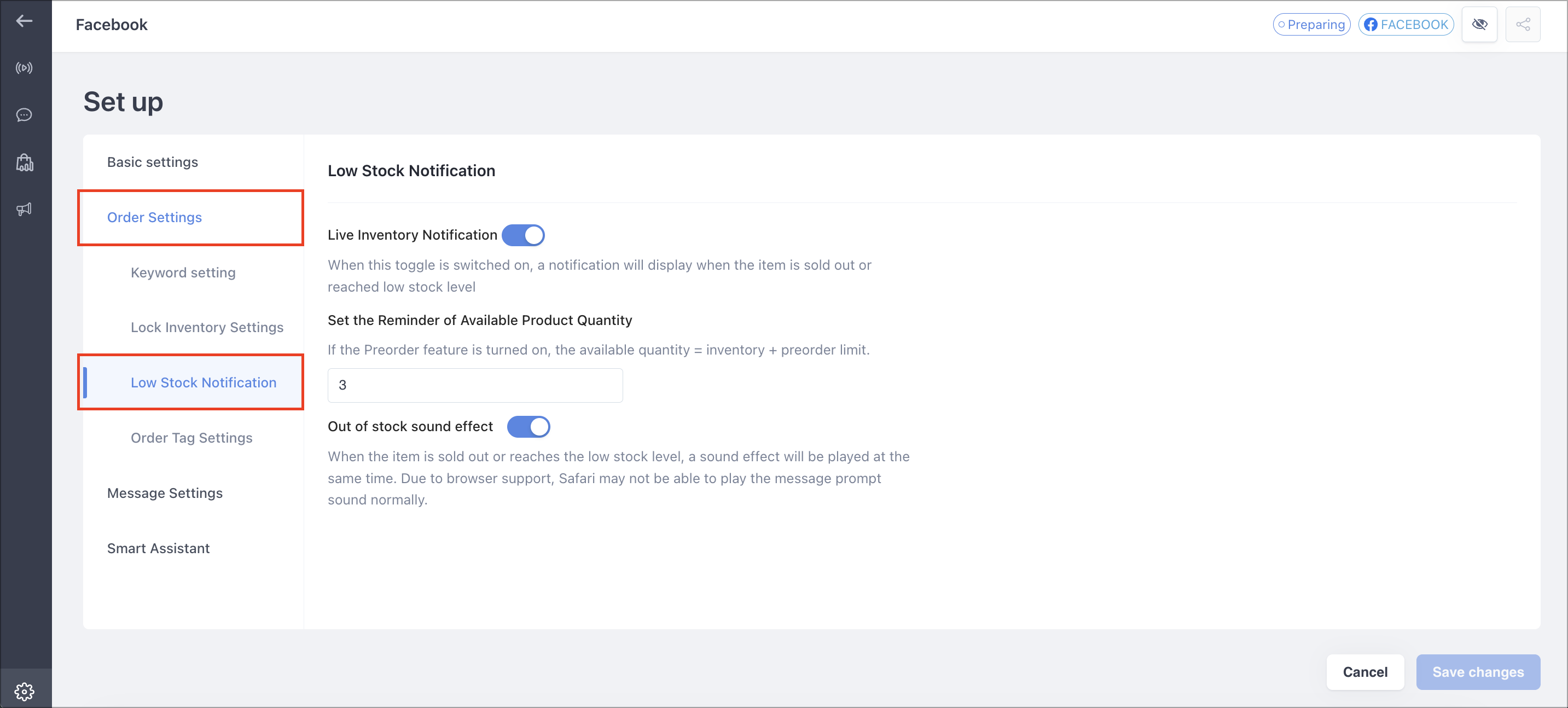 Low stock notification section with the available quantity alert field