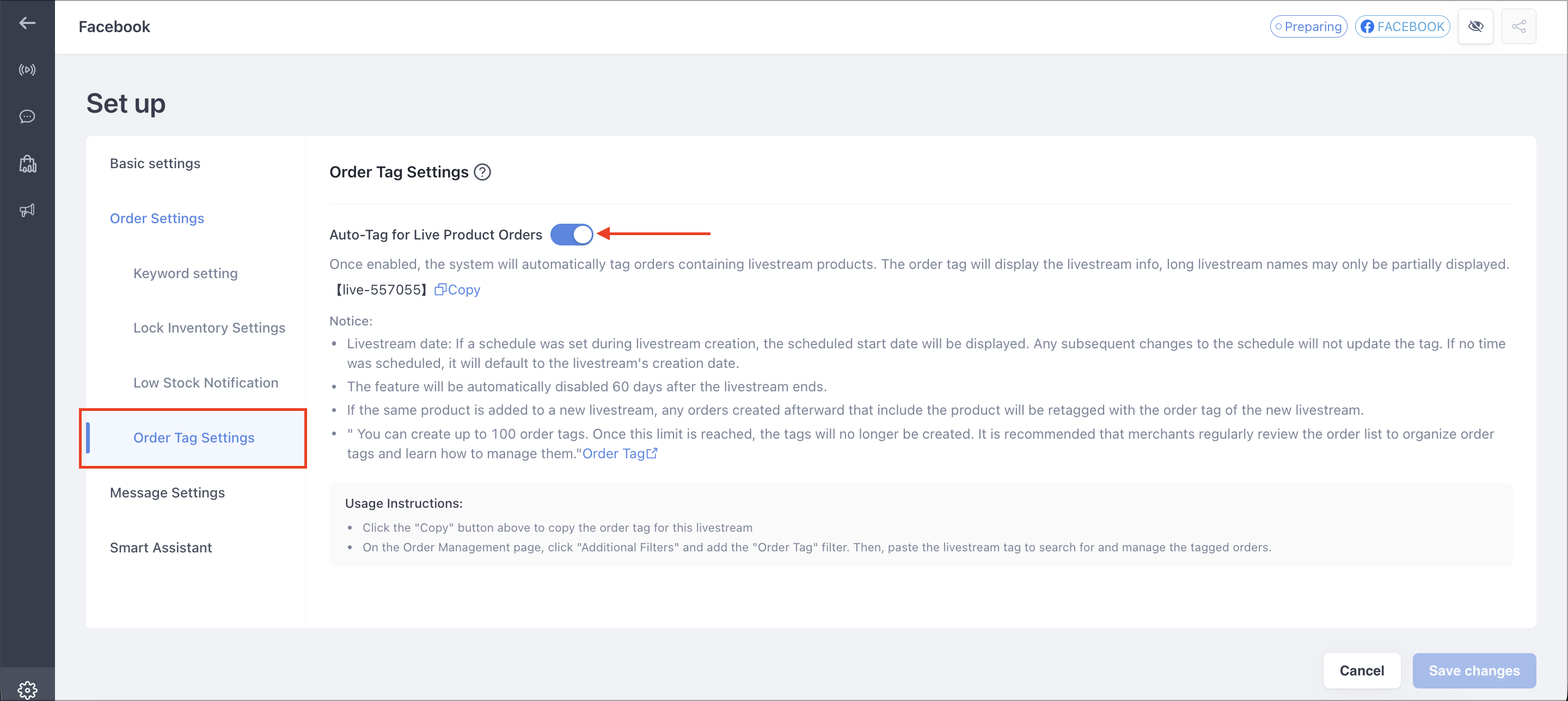 Order Tag Settings section with the auto-tag toggle for live product orders