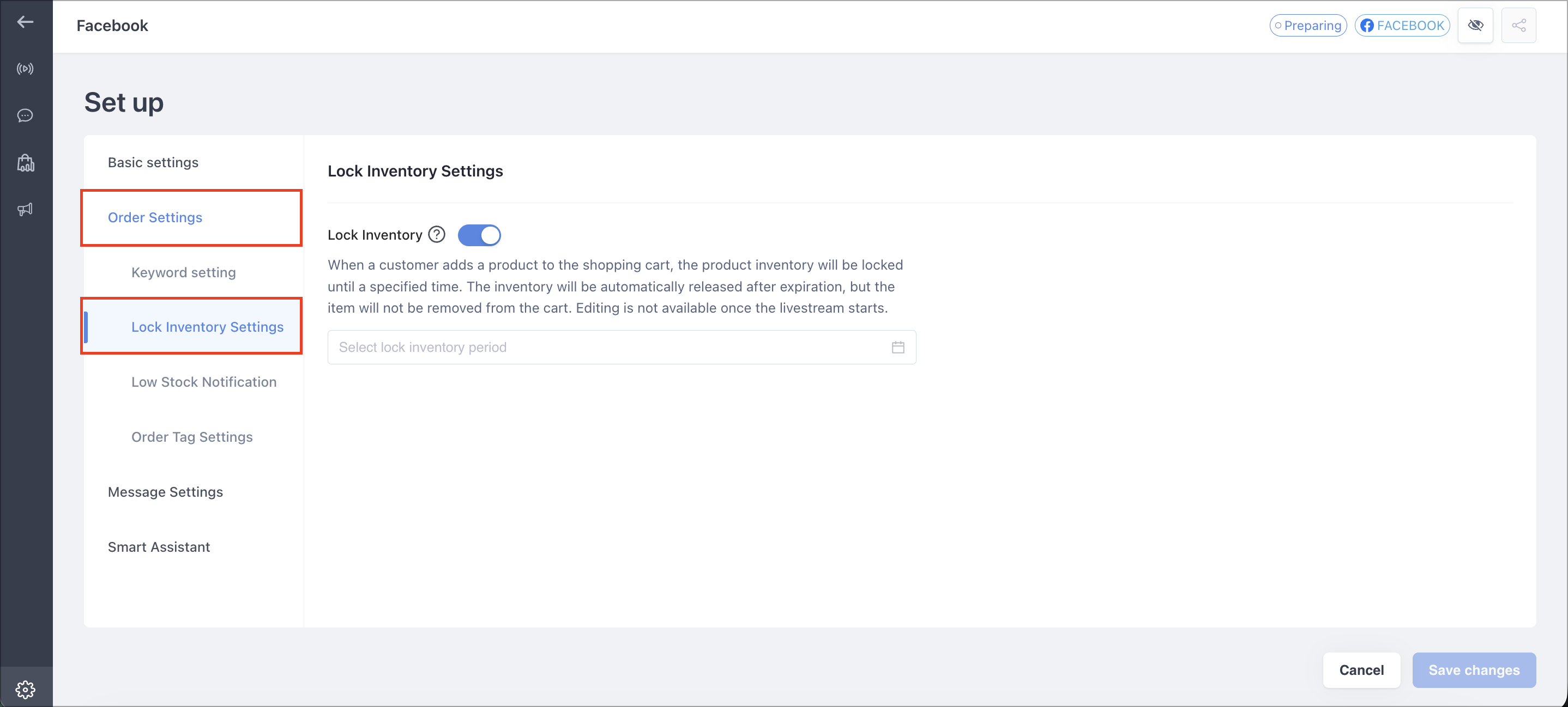 Lock Inventory Settings section with the feature toggle