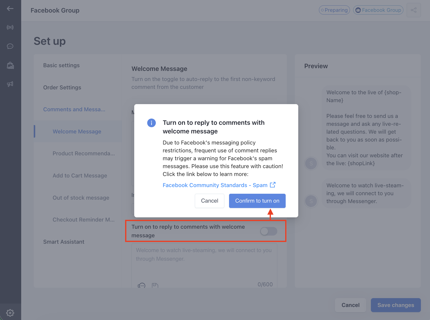 Reminder pop-up about Facebook's messaging policy when enabling comment auto-reply for a group livestream