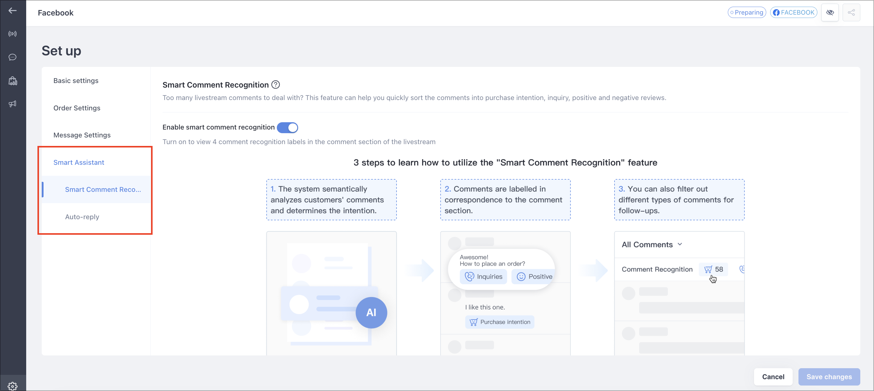 Smart Assistant tab with the smart comment recognition and auto-reply toggles