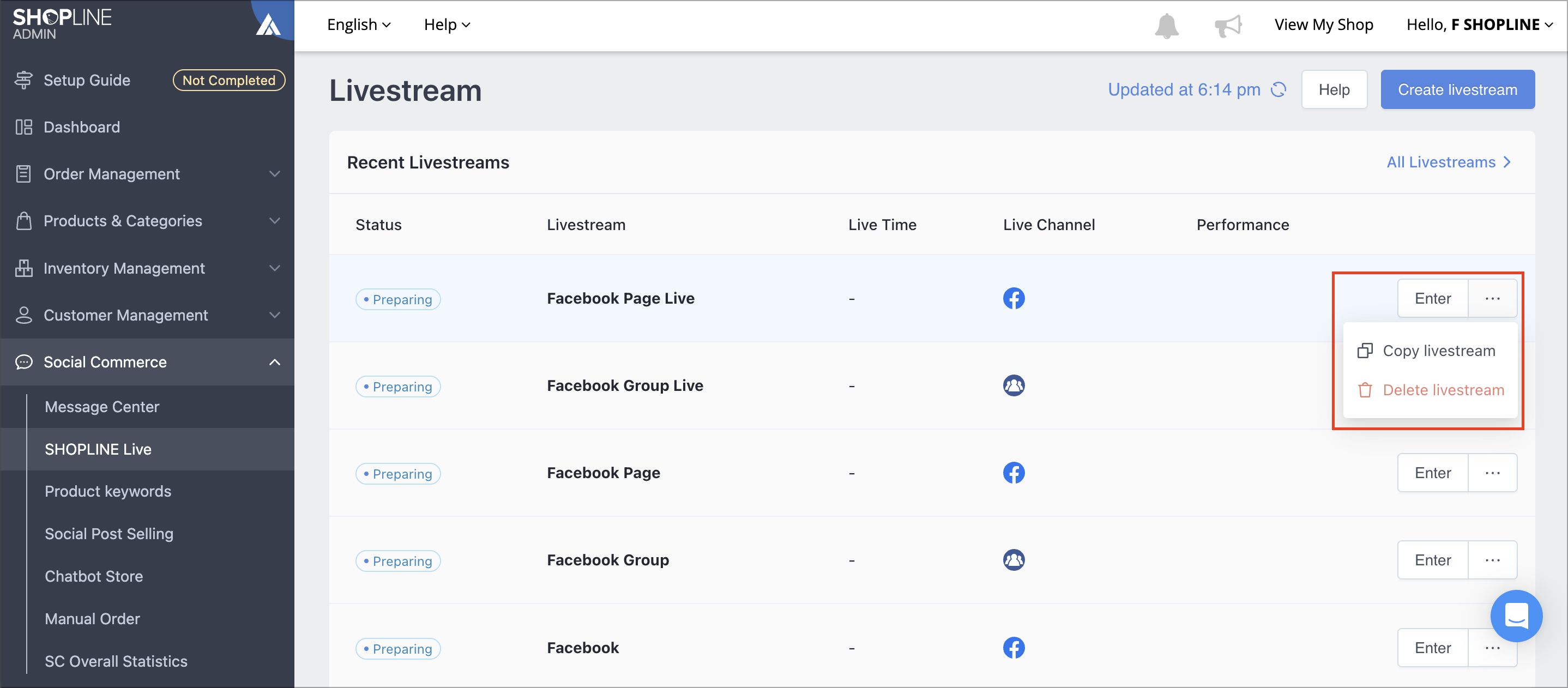 Drop-down menu on the livestream list showing the duplicate and delete options