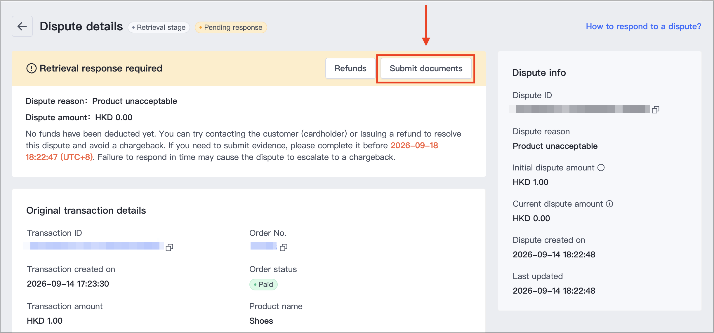 On the dispute details page, click Submit documents.   