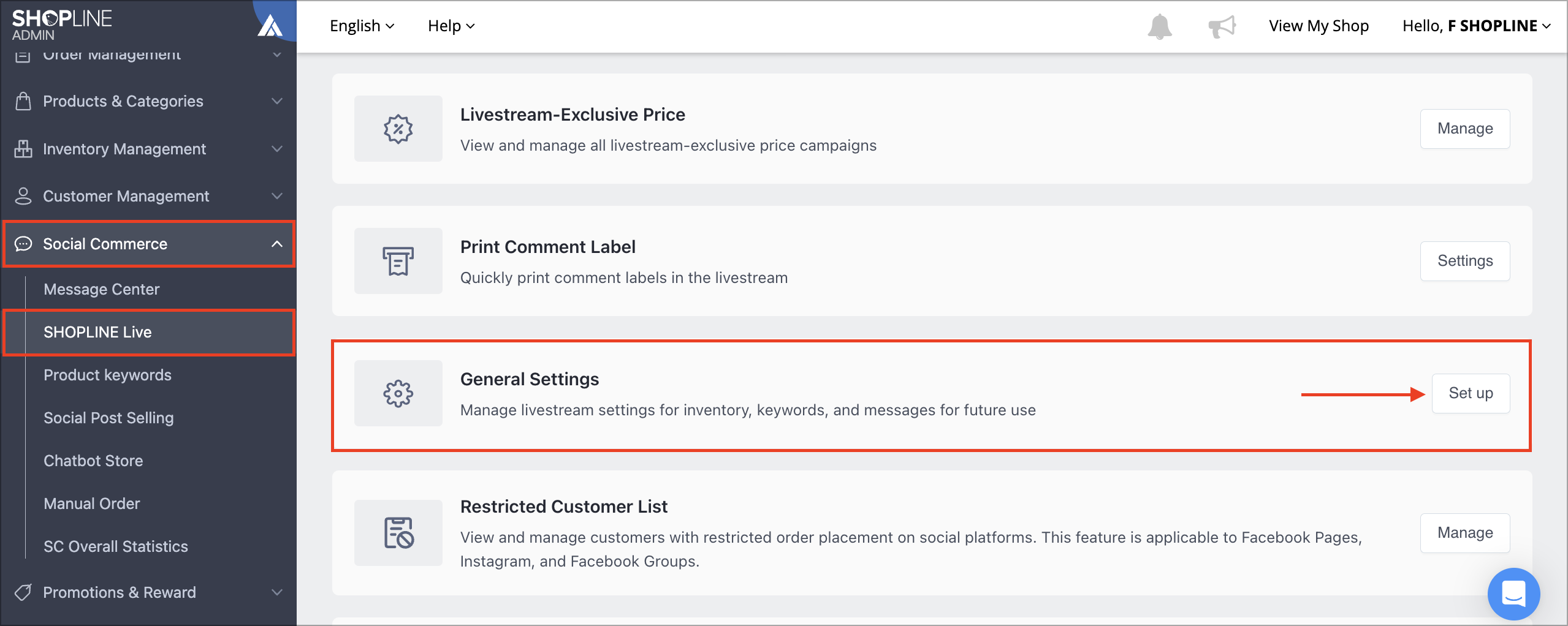 SHOPLINE Live page in the SHOPLINE Admin with the Set up button highlighted next to the General Settings section