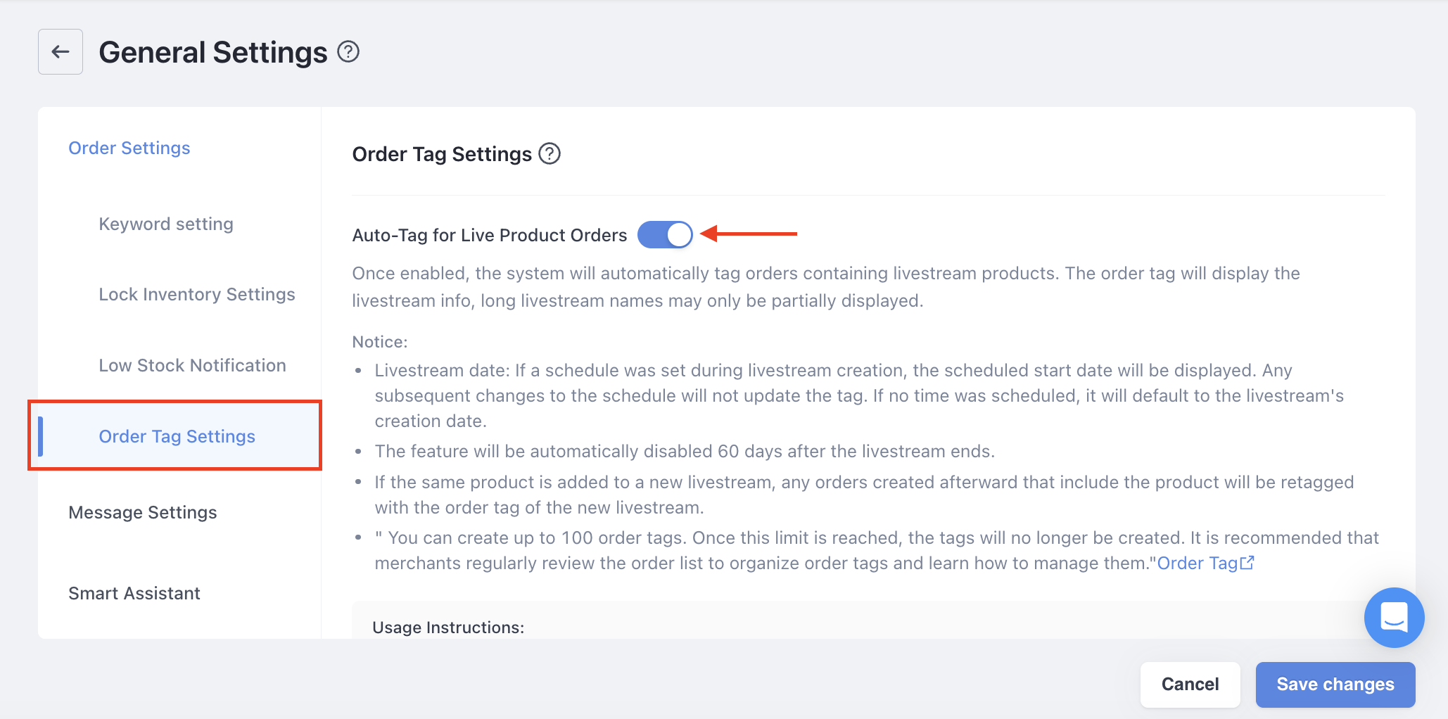 Order tag settings in the livestream General Settings with the Auto-Tag for Live Product Orders toggle