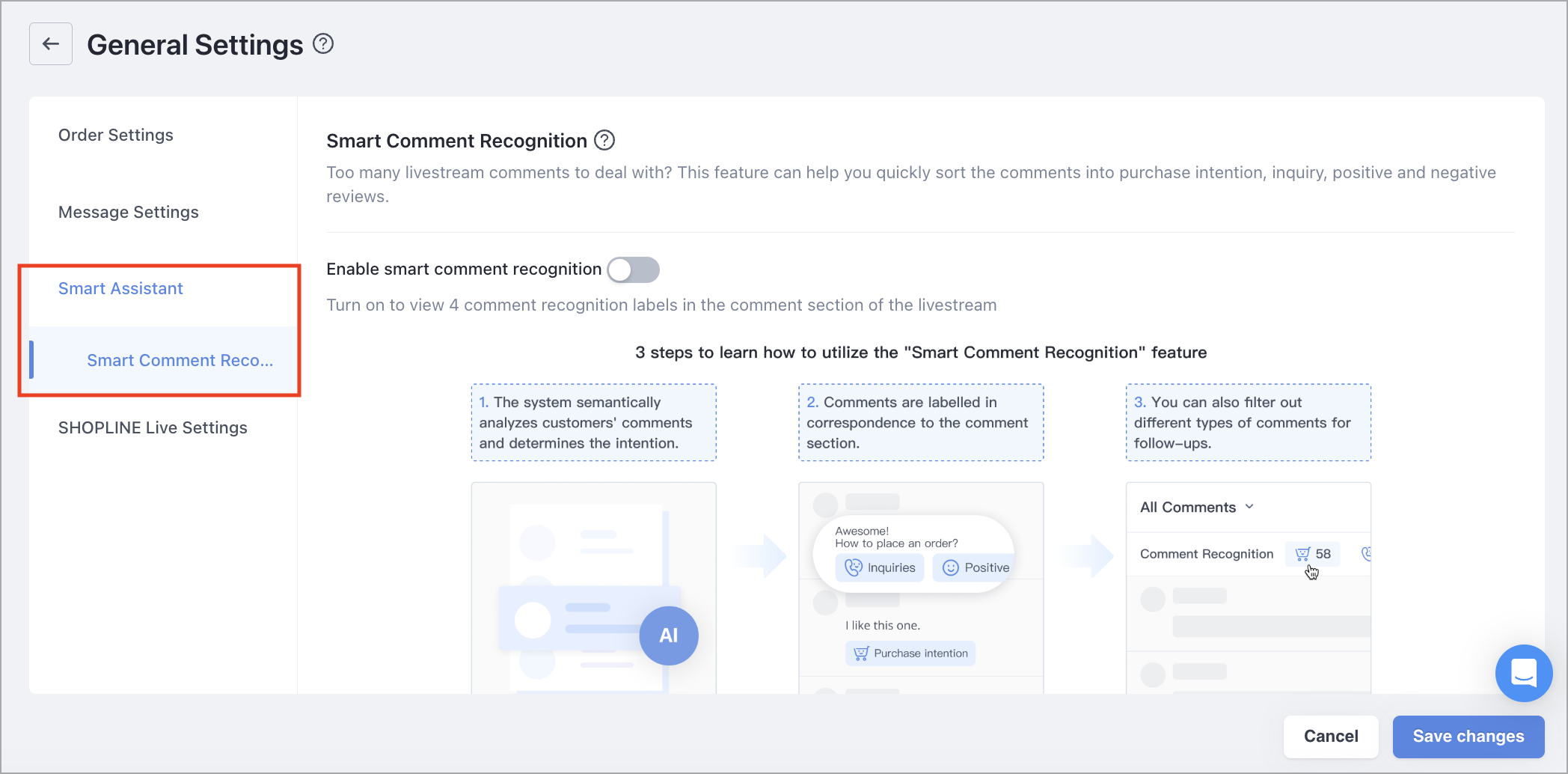 Smart Assistant settings in the livestream General Settings for automatic comment recognition