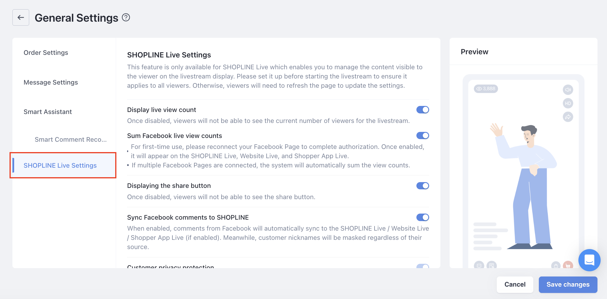 SHOPLINE Live settings section in the livestream General Settings with viewer display toggles