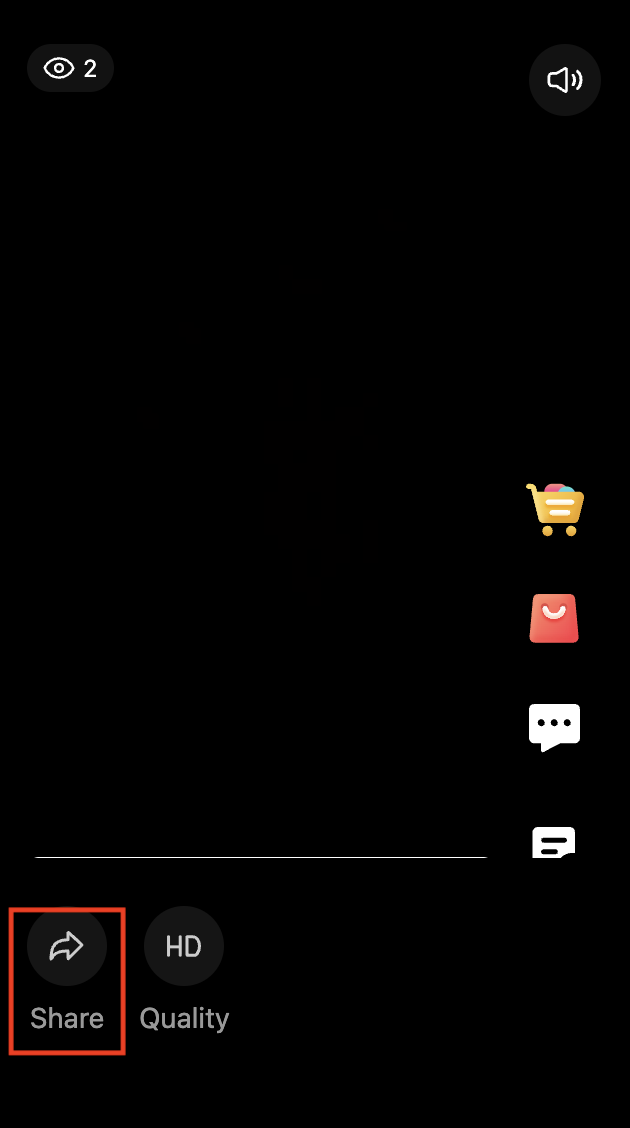 SHOPLINE livestream screen on mobile showing the share button for copying the livestream link