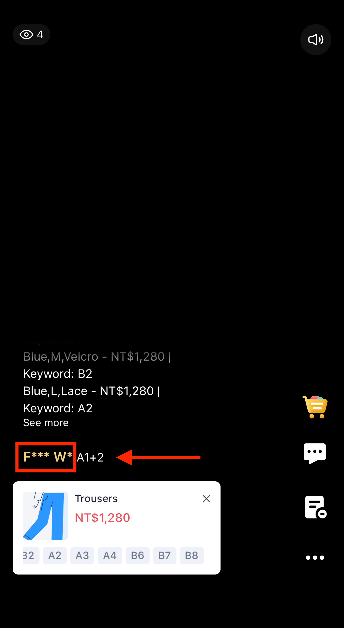 Livestream comment section on mobile with customer names partially masked
