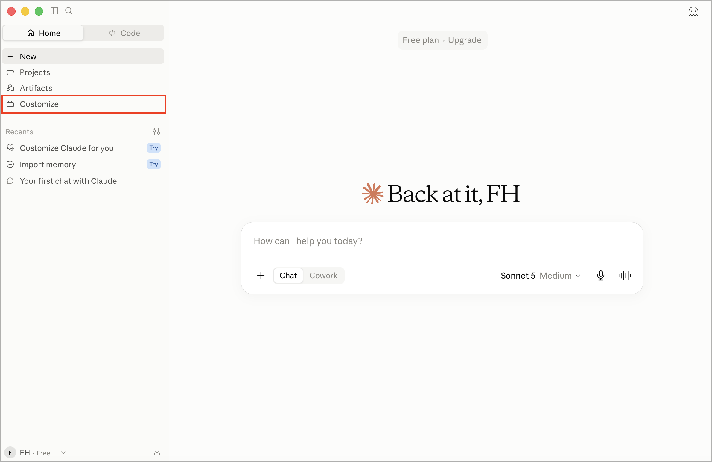 In Claude Desktop, select Customize.