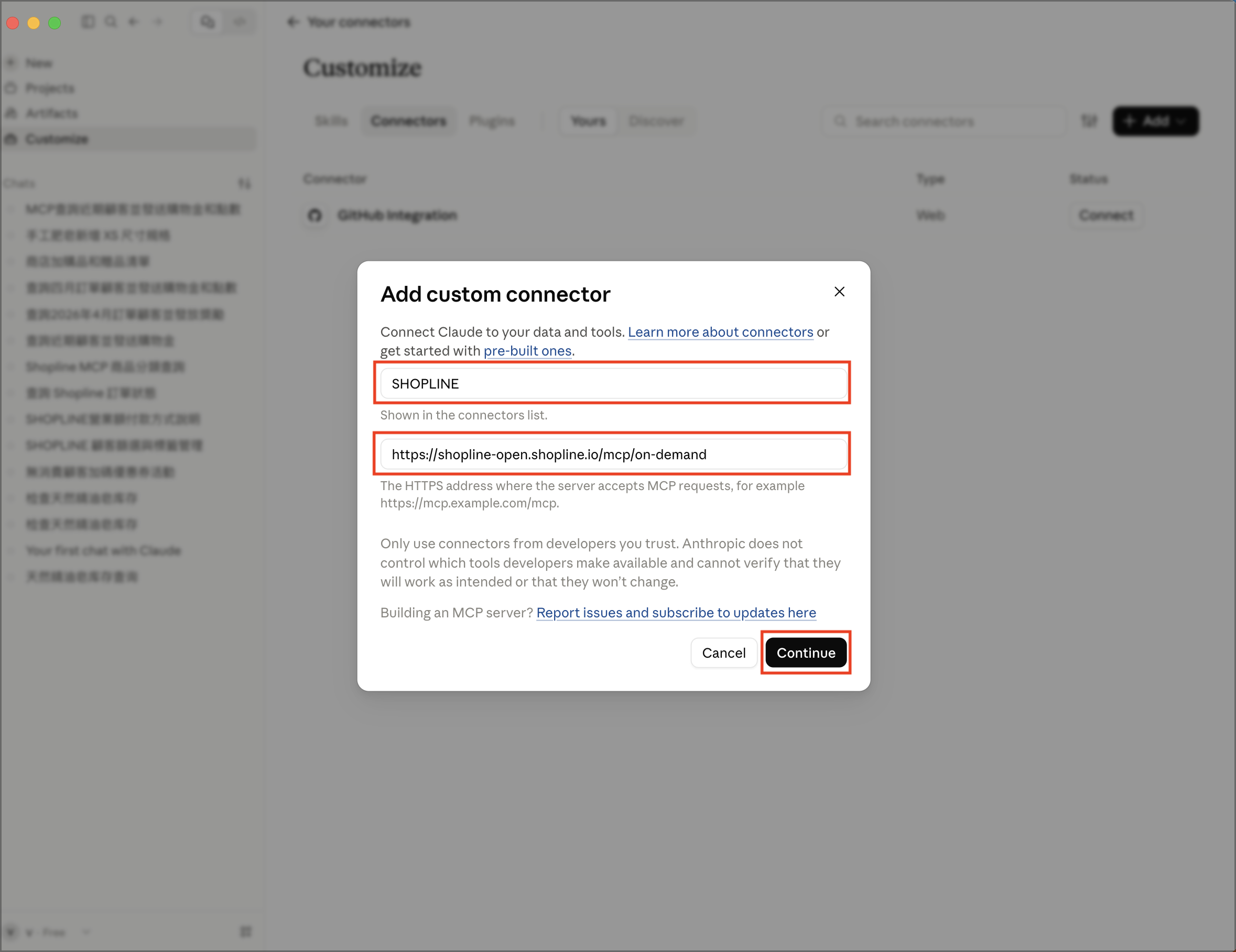 Enter the "Name" and "Remote MCP server URL" fields, then click Continue. Next, set "Authentication" and "OAuth client" fields, then click Add.