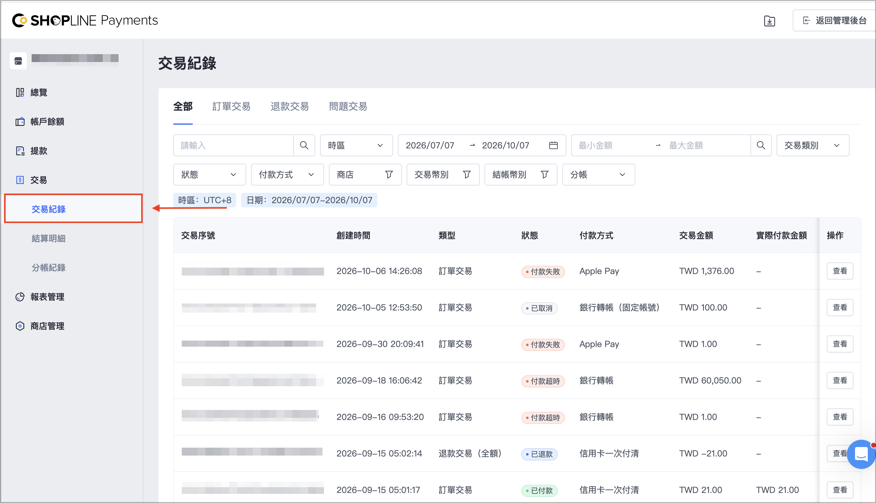 前往「交易 > 交易紀錄」，可以查看商店經由 SHOPLINE Payments 的全部交易紀錄，包括訂單交易、退款交易、問題交易。