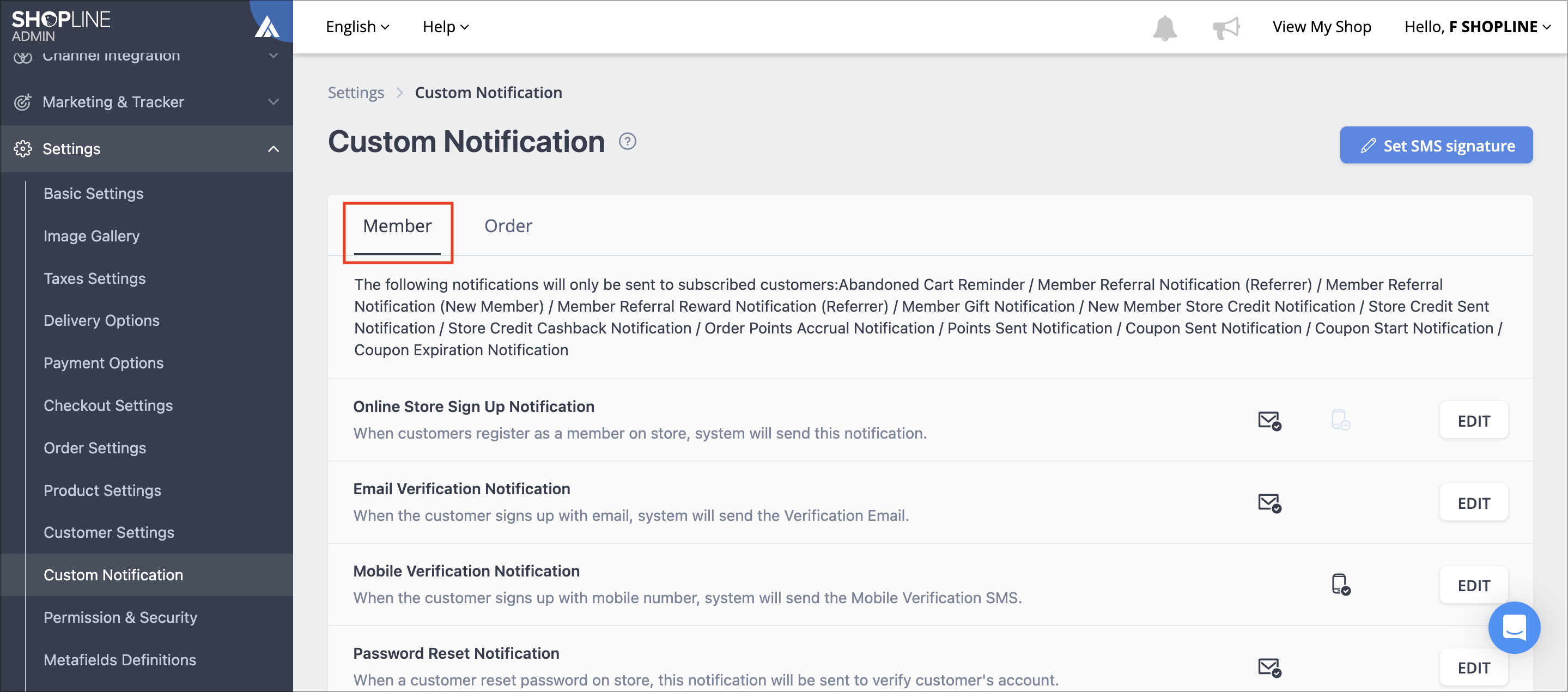 SHOPLINE Admin Custom Notification page with the Member tab selected