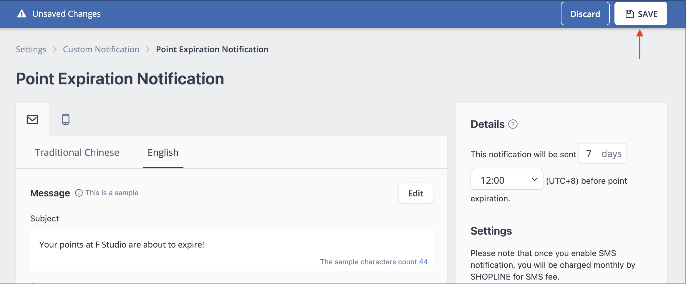 Save button at the top of the notification edit page