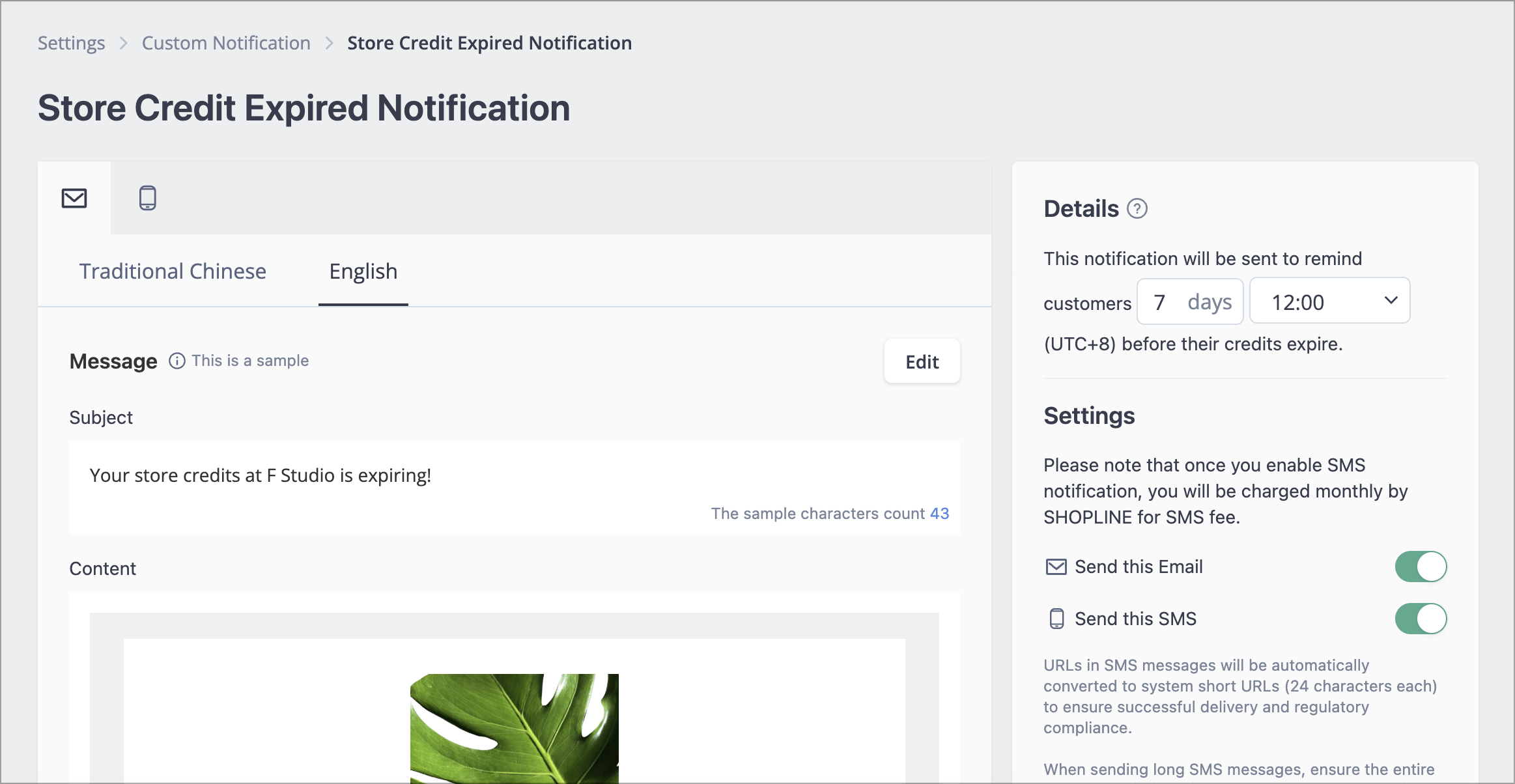 Edit page for the Store Credit Expiration Notification, showing the toggles and sending time and notification method settings