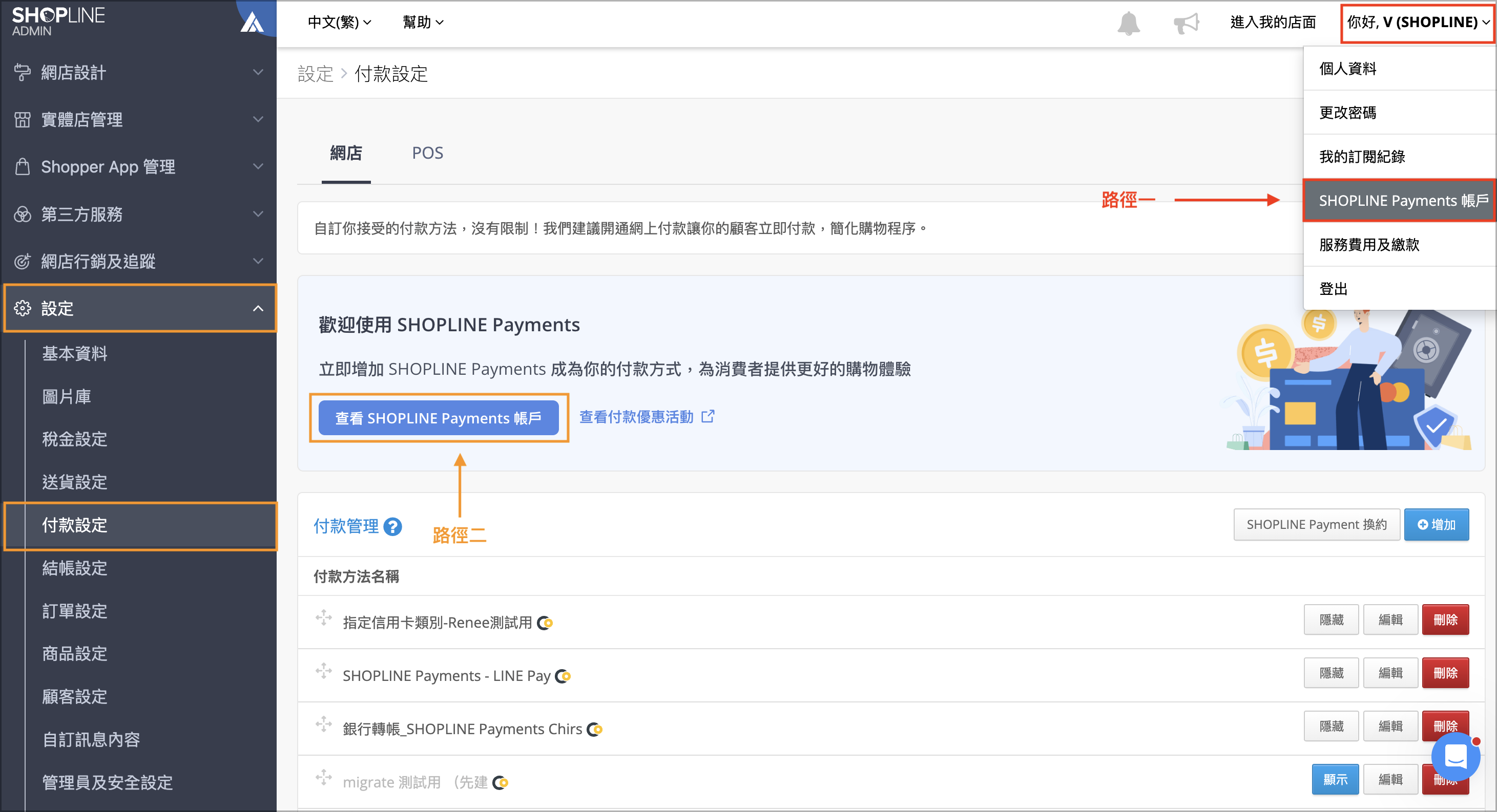 SHOPLINE Payments 帳戶有獨立的管理介面，在 SHOPLINE 商店後台中，您可透過以下兩個路徑進入管理介面：  於 SHOPLINE 後台，點選右上角「你好，OOO >&nbsp; SHOPLINE Payments 帳戶」。  於左側目錄中，前往「設定 > 付款設定」，點選「查看 SHOPLINE Payments 帳戶」。