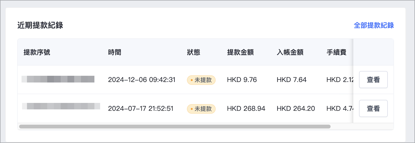 於總覽頁面的「近期提款紀錄」區塊中，將顯示最近的提款紀錄，讓您可以快速檢視近期的提款資料。點選「全部提款紀錄」將會跳轉至「提款」頁面。