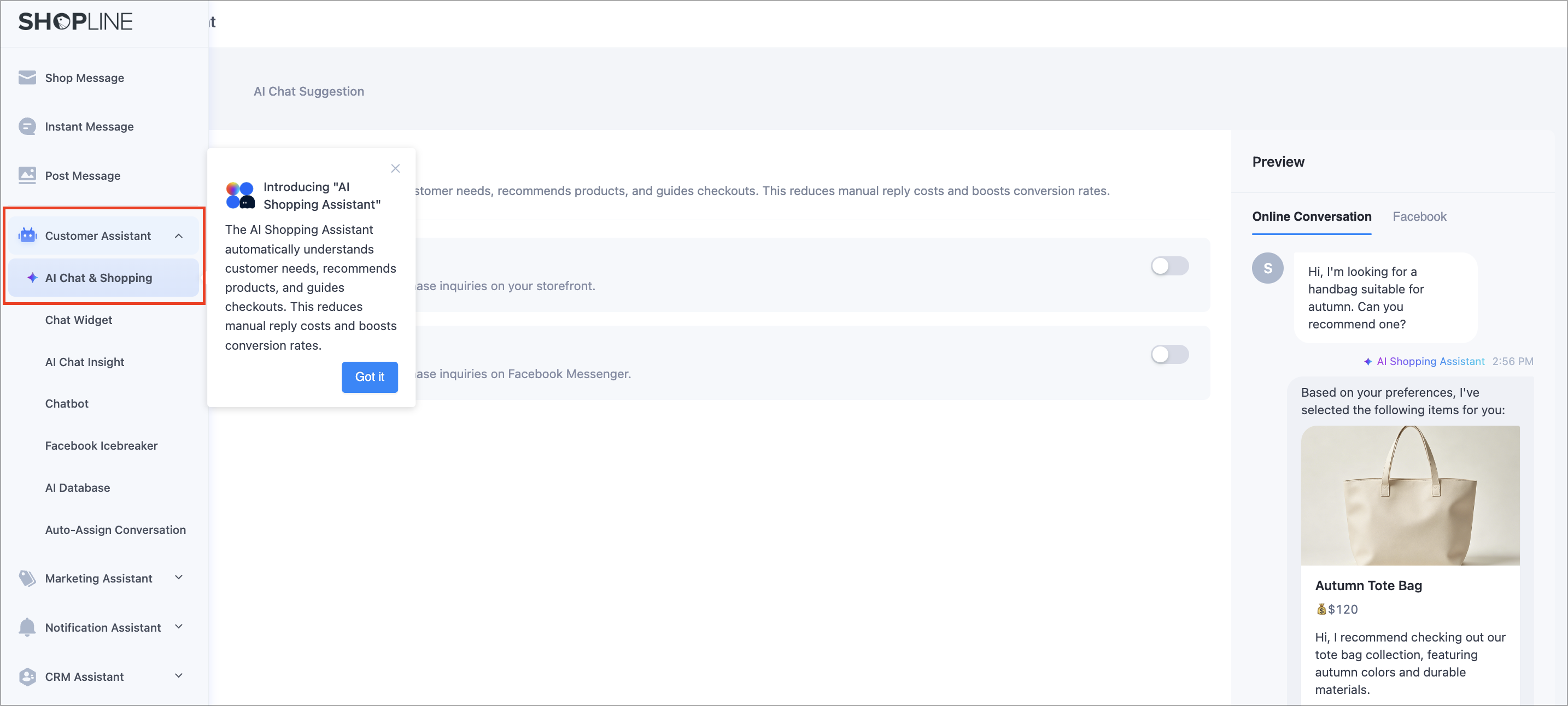 SHOPLINE Admin's Message Center with Customer Assistant > AI Chat & Shopping tab selected in the left menu