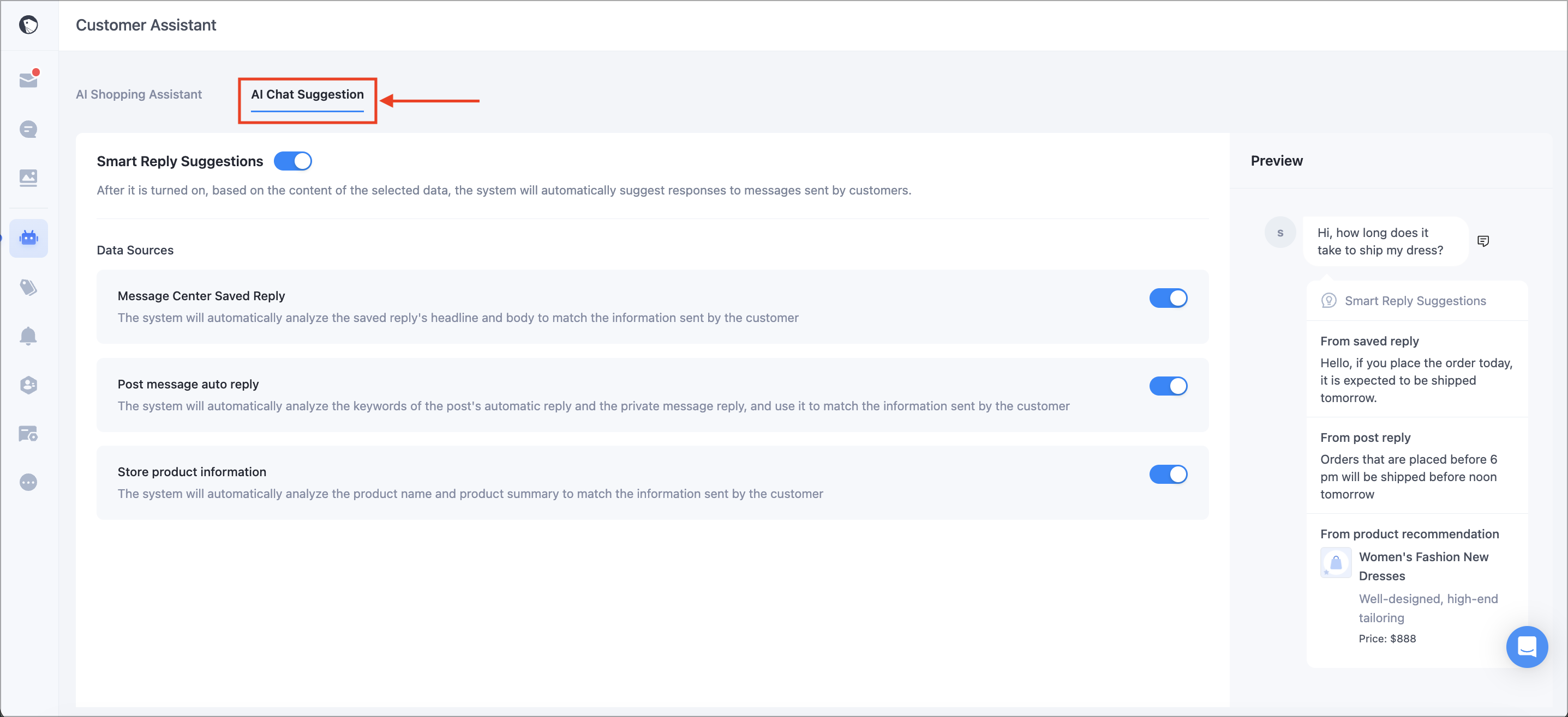 AI Chat & Shopping page in Message Center with the AI Chat Suggestion tab selected