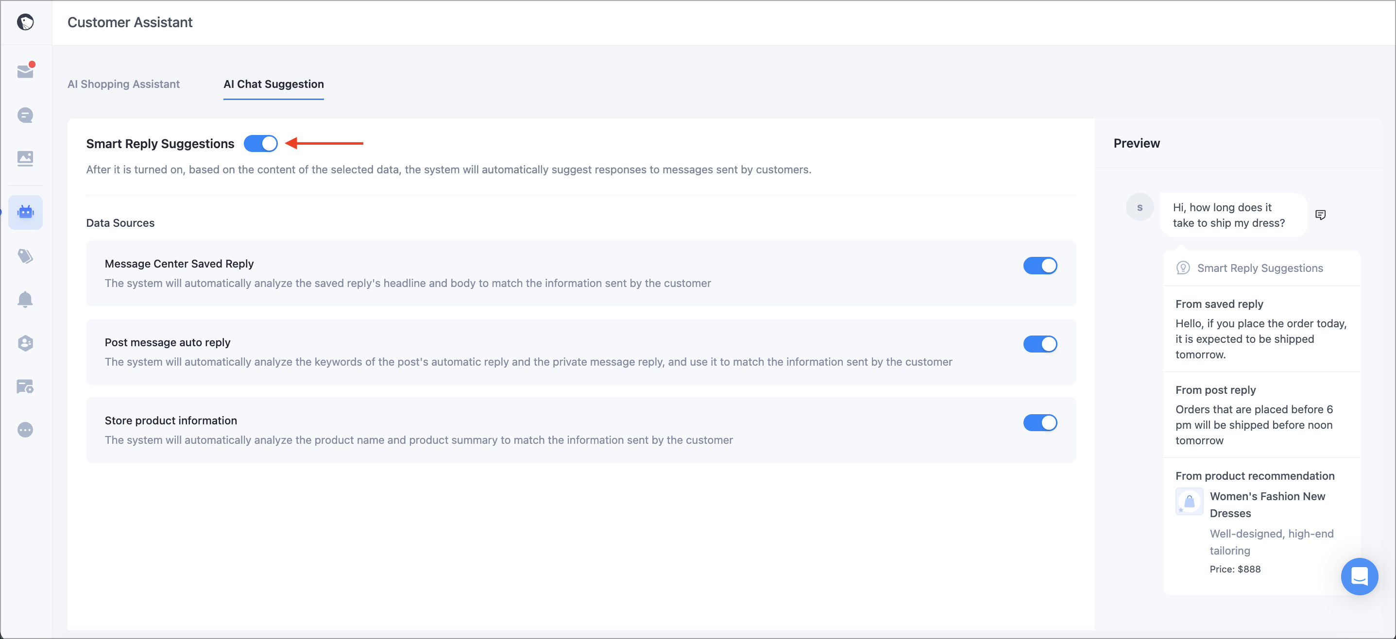 AI Chat Suggestion tab in the new AI Chat & Shopping interface with the Smart Reply Suggestions toggle switched on