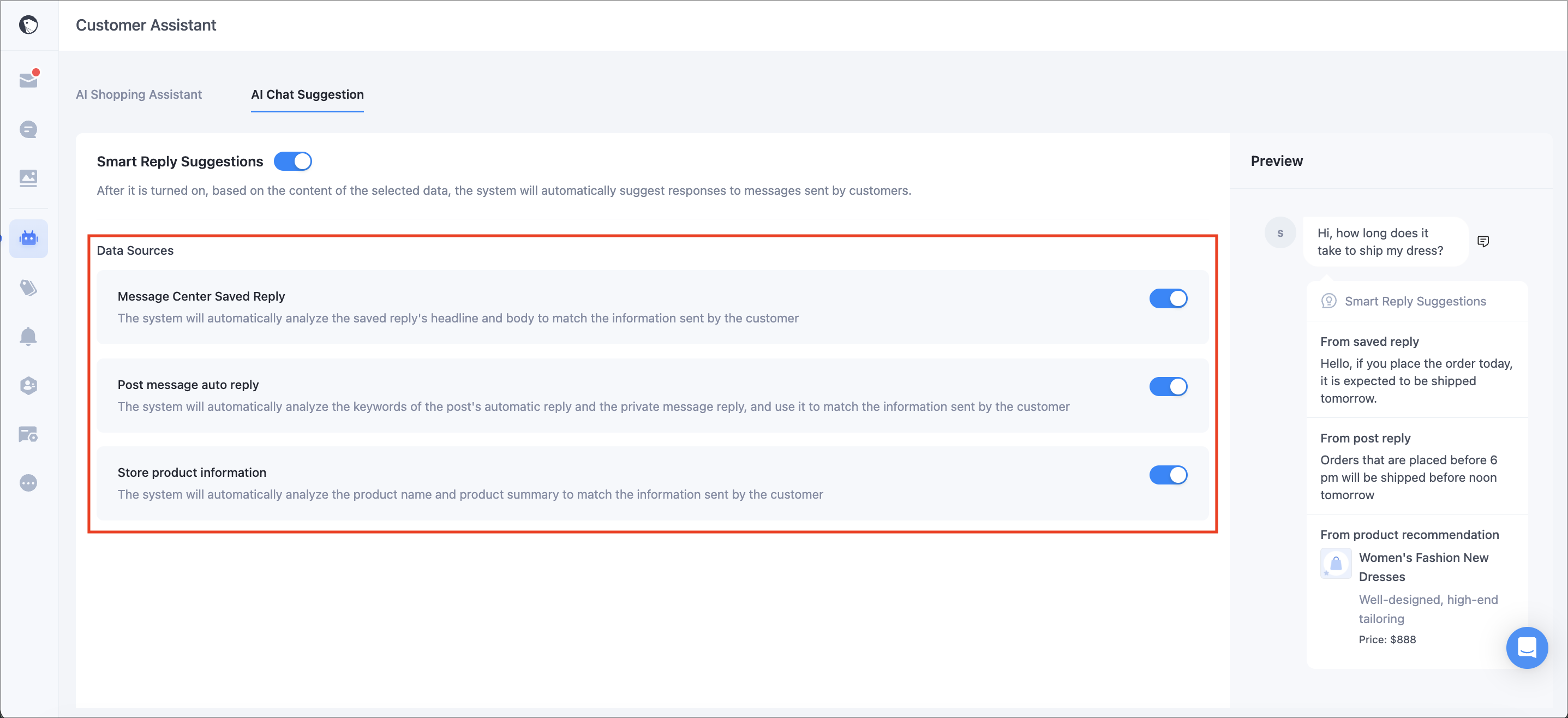 Smart Reply Suggestions data source settings in the new AI Chat & Shopping interface with toggles to enable each data source