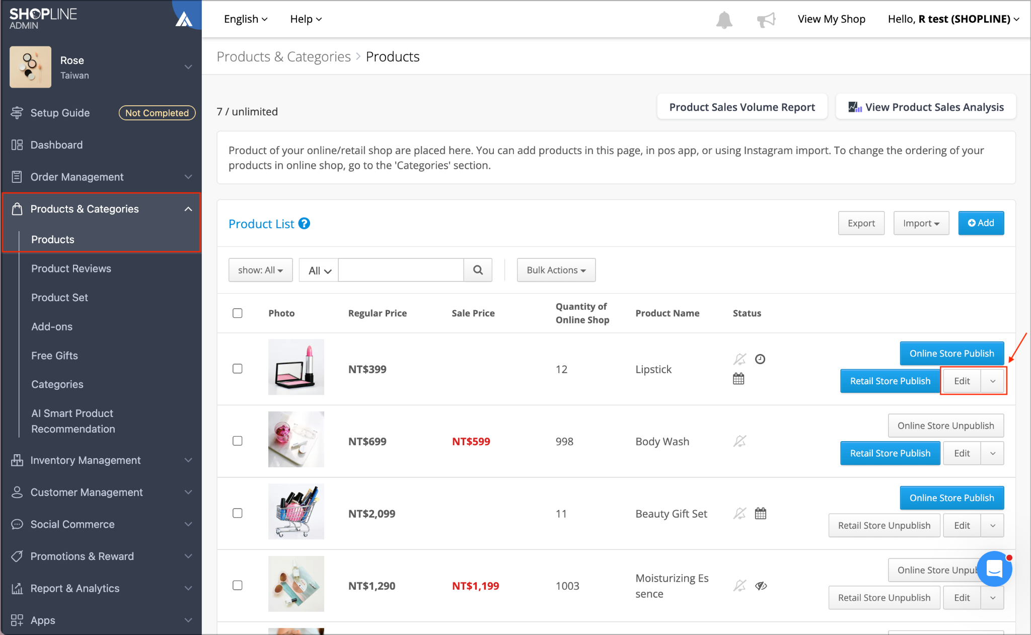 Edit button for a product in the product list under Products & Categories in the SHOPLINE Admin
