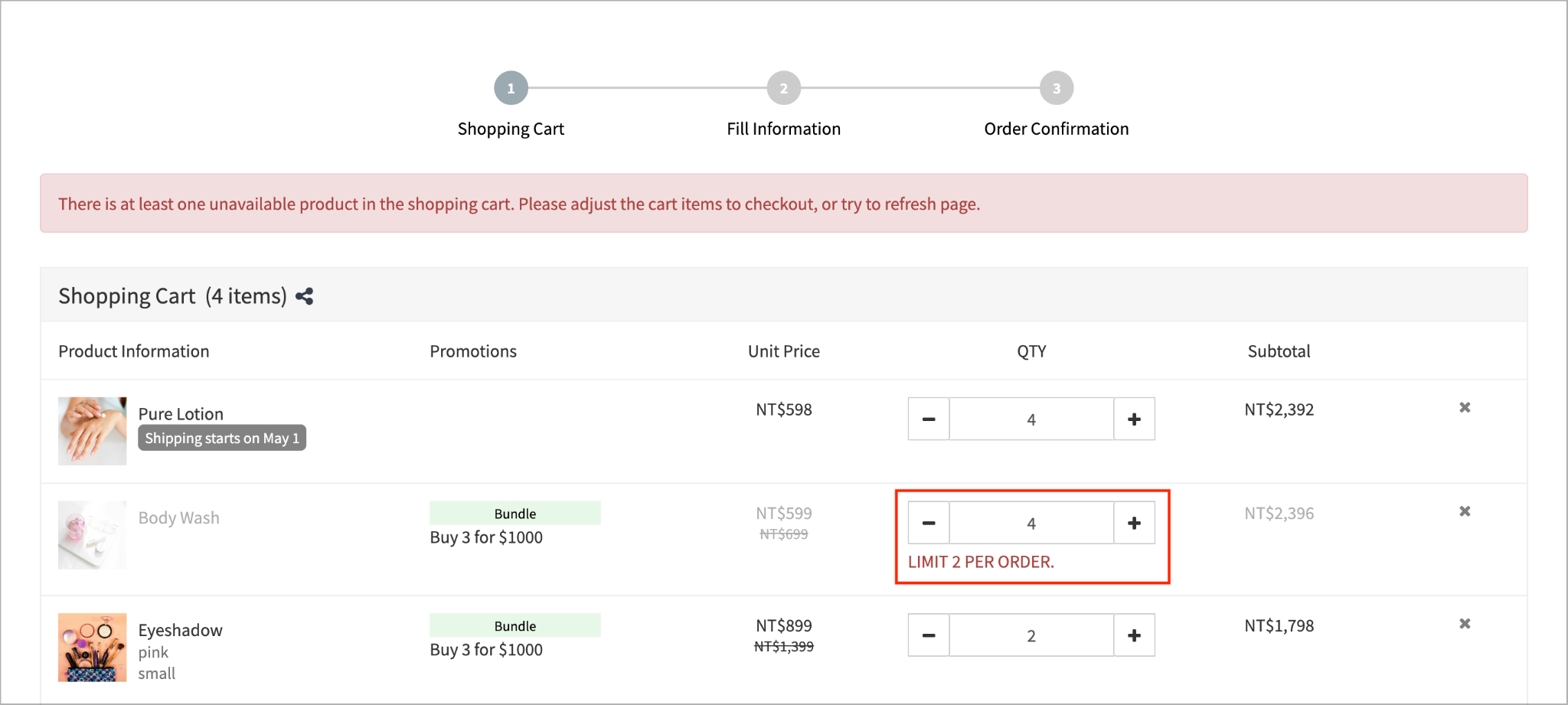 Purchase limit message in the cart on the checkout page