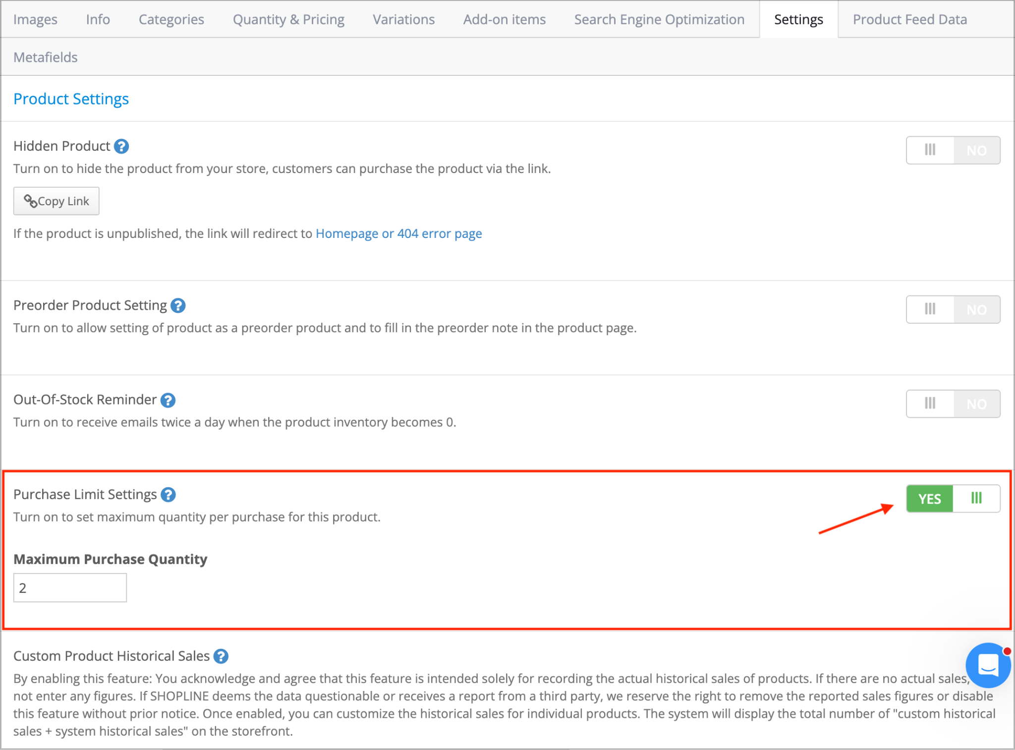 Purchase Limit Settings toggle and Maximum Purchase Quantity field on the product Settings tab