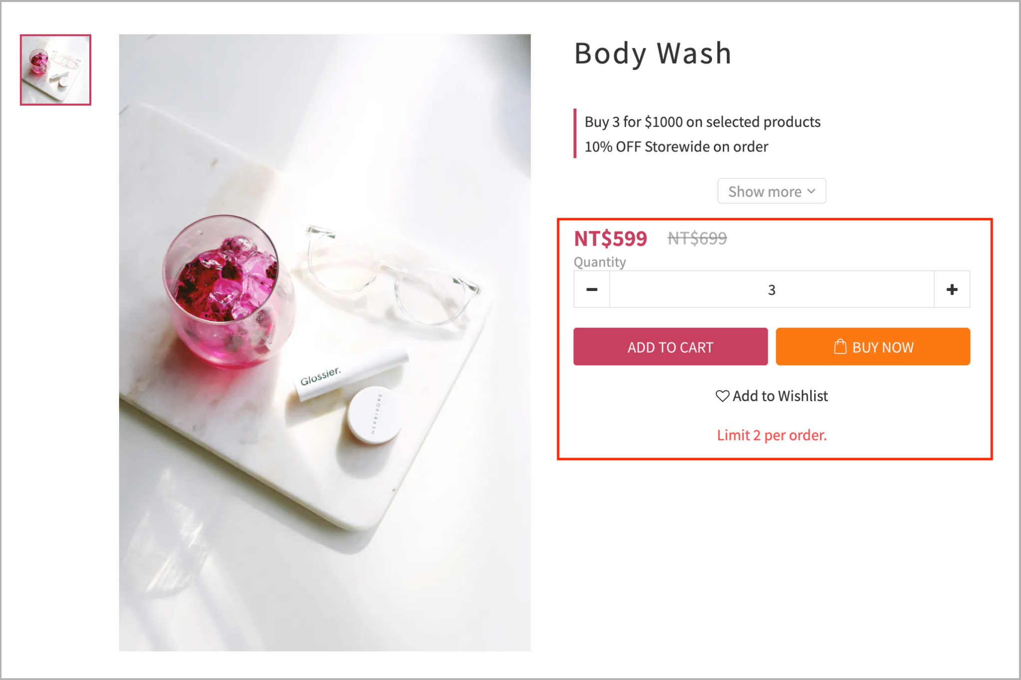 Purchase limit message on the product detail page of the storefront