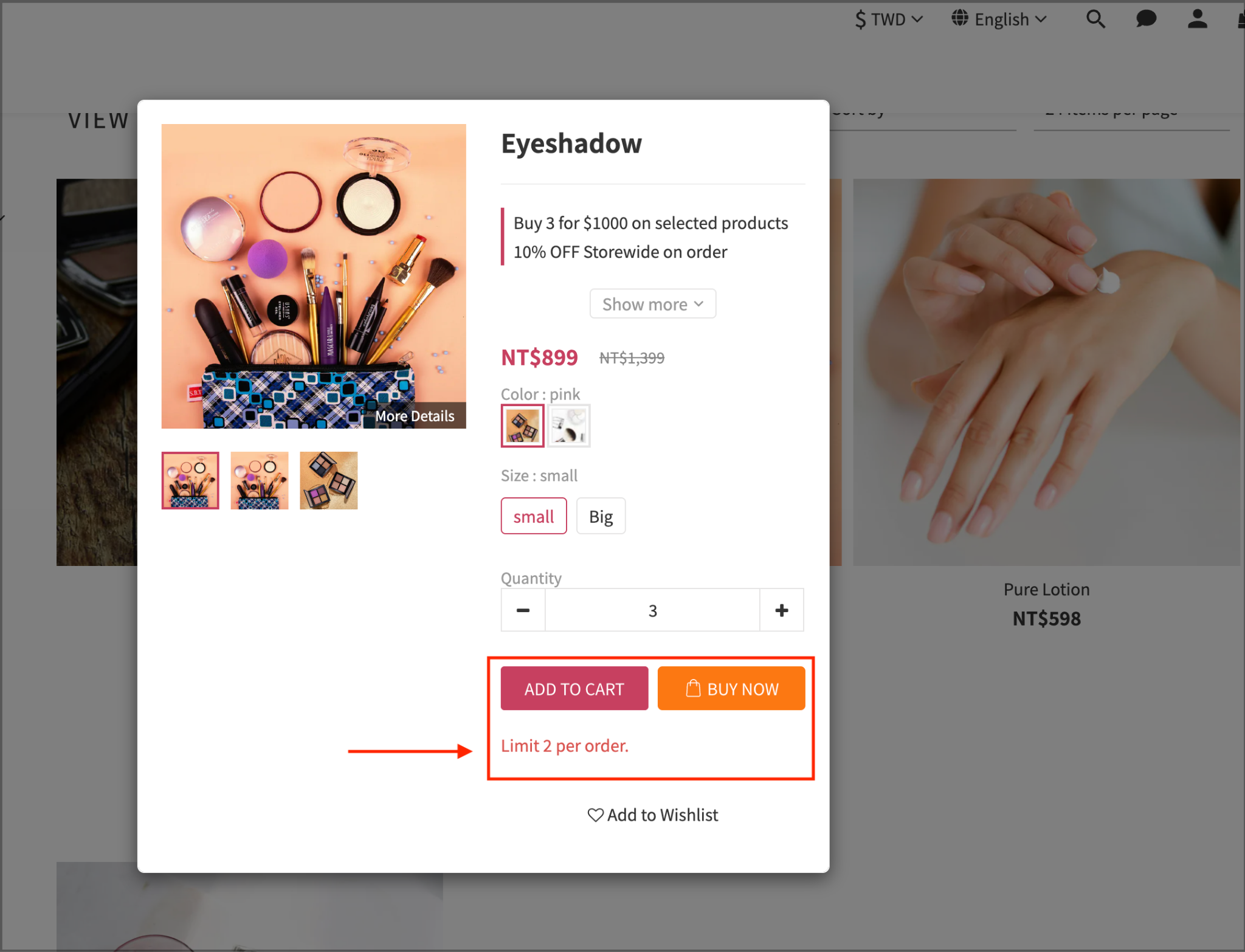 Purchase limit message in the Instant Add to Cart pop-up window