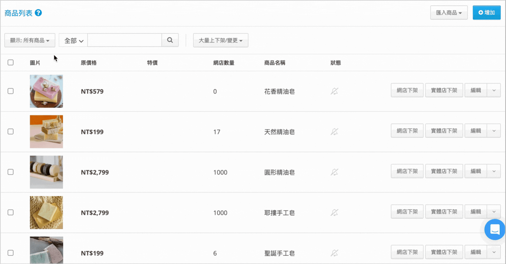 於商品列表頁的「所有商品」選單篩選「贈品」的操作示意